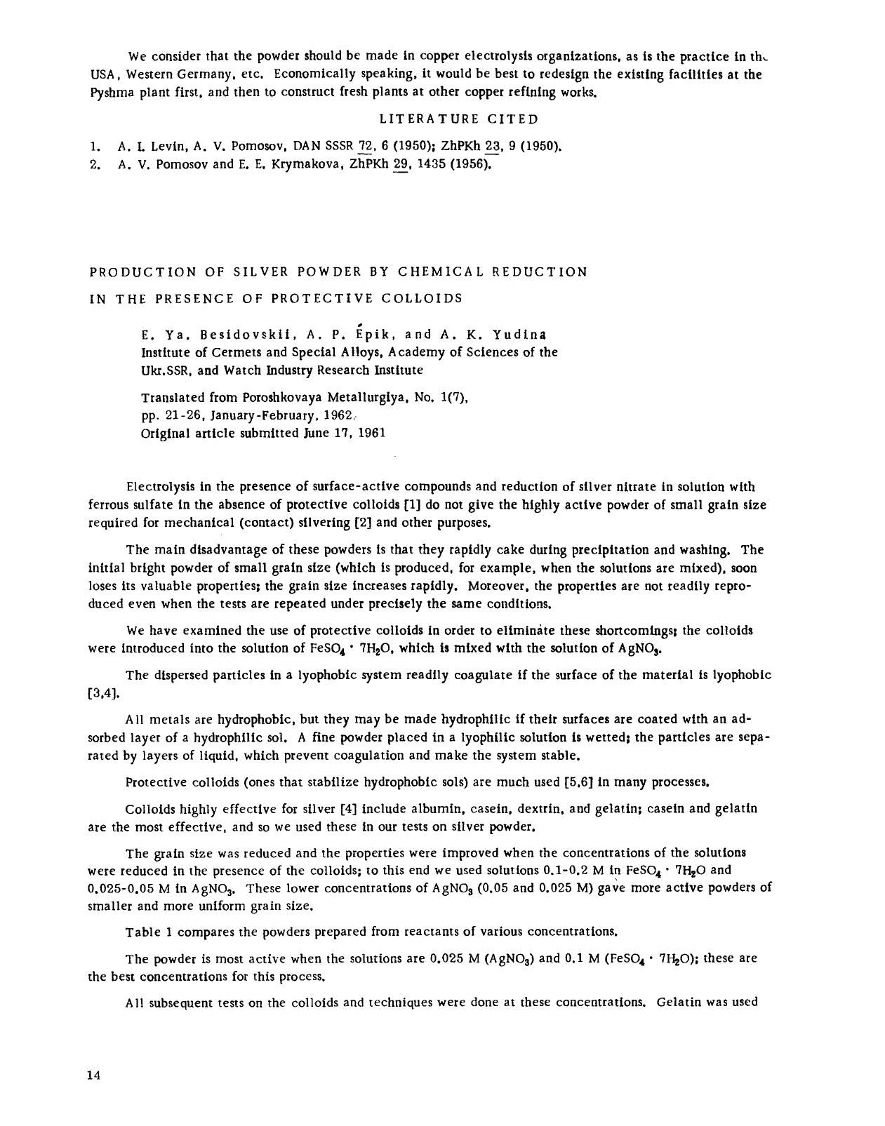Production of silver powder by chemical reduction in the presence of protective colloids by Unknown