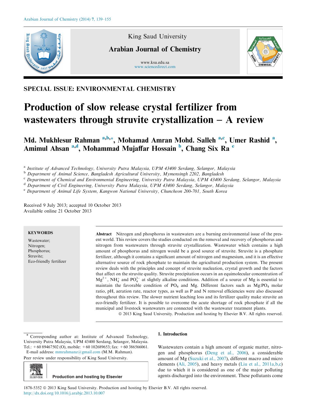 Production of slow release crystal fertilizer from wastewaters through struvite crystallization Ã¢â¬â A review by unknow