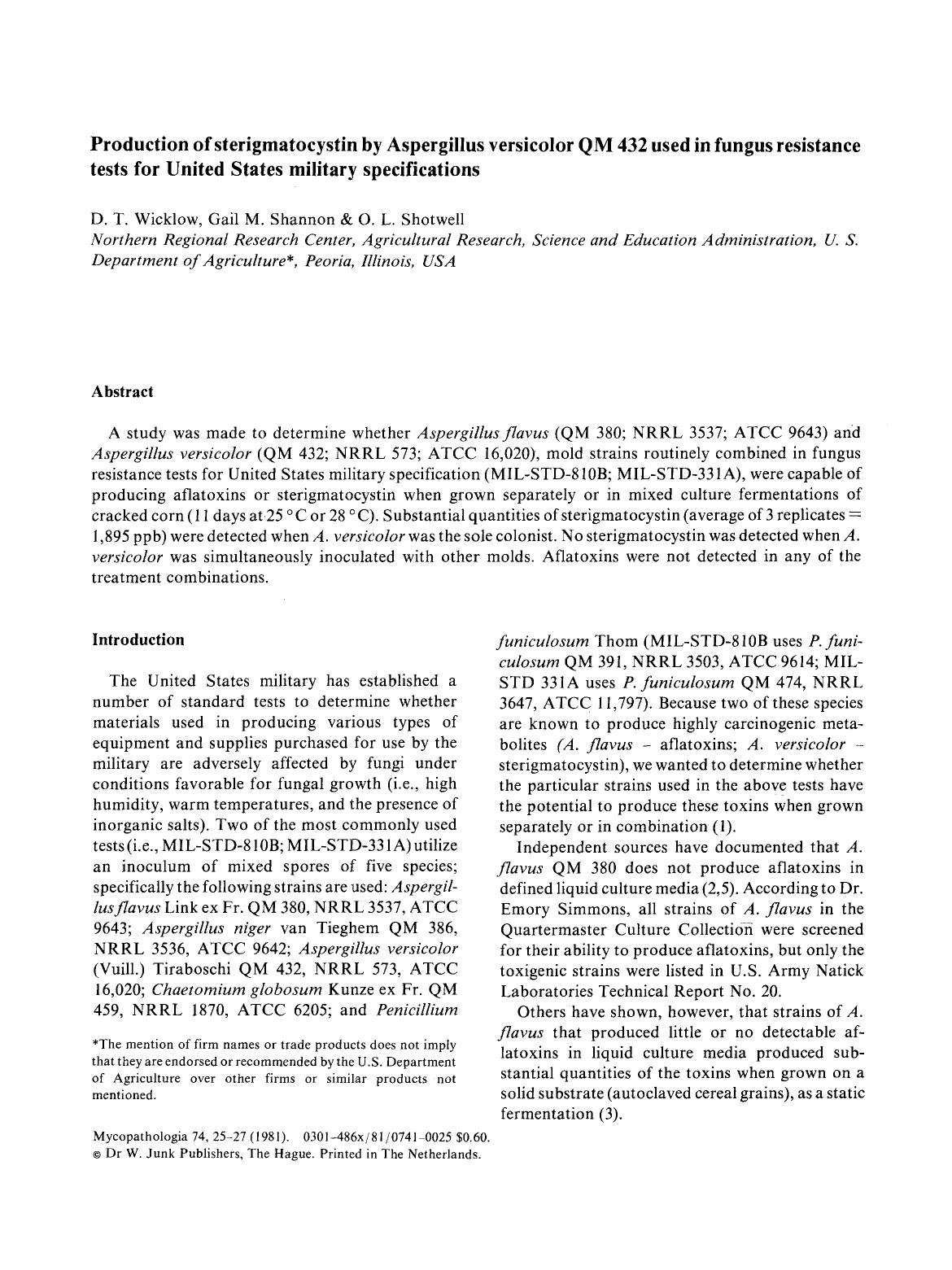 Production of sterigmatocystin by Aspergillus versicolor QM 432 used in fungus resistance tests for United States military specifications by Unknown