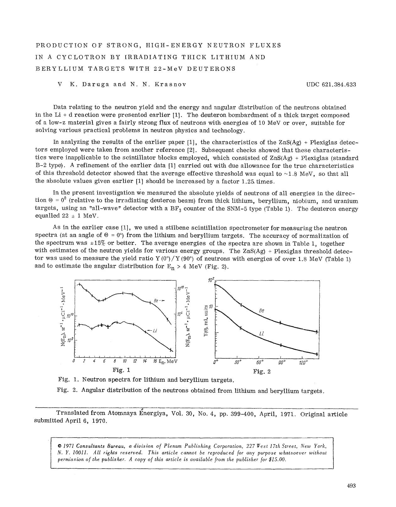 Production of strong, high-energy neutron fluxes in a cyclotron by irradiating thick lithium and beryllium targets with 22-MeV deuterons by Unknown