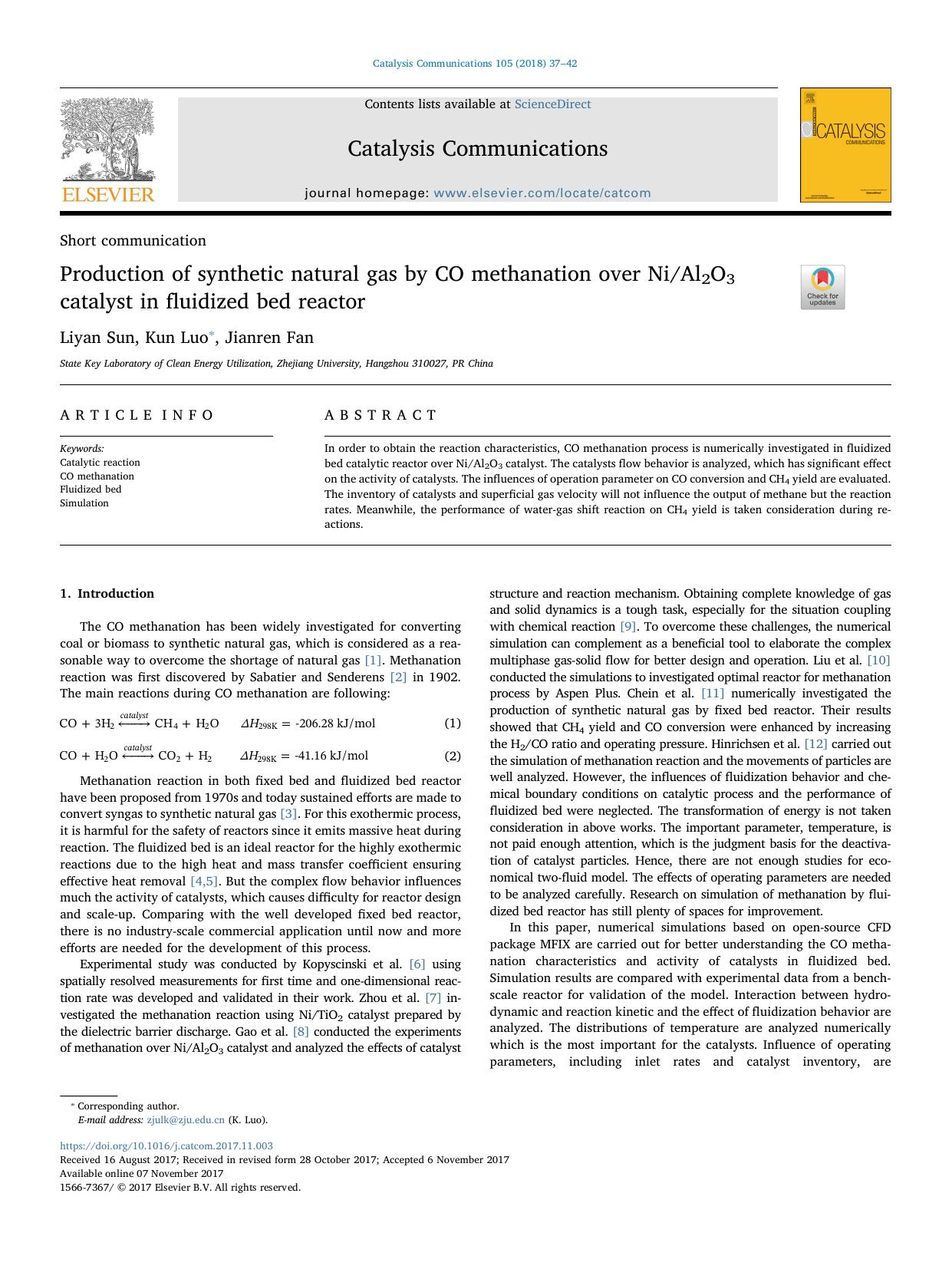 Production of synthetic natural gas by CO methanation over NiAl2O3 catalyst in fluidized bed reactor by Liyan Sun & Kun Luo & Jianren Fan