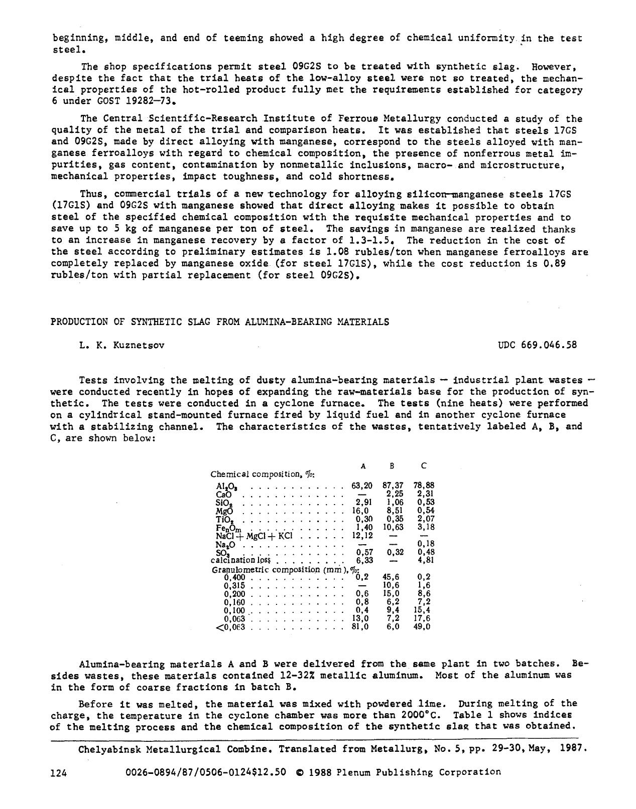 Production of synthetic slag from alumina-bearing materials by Unknown