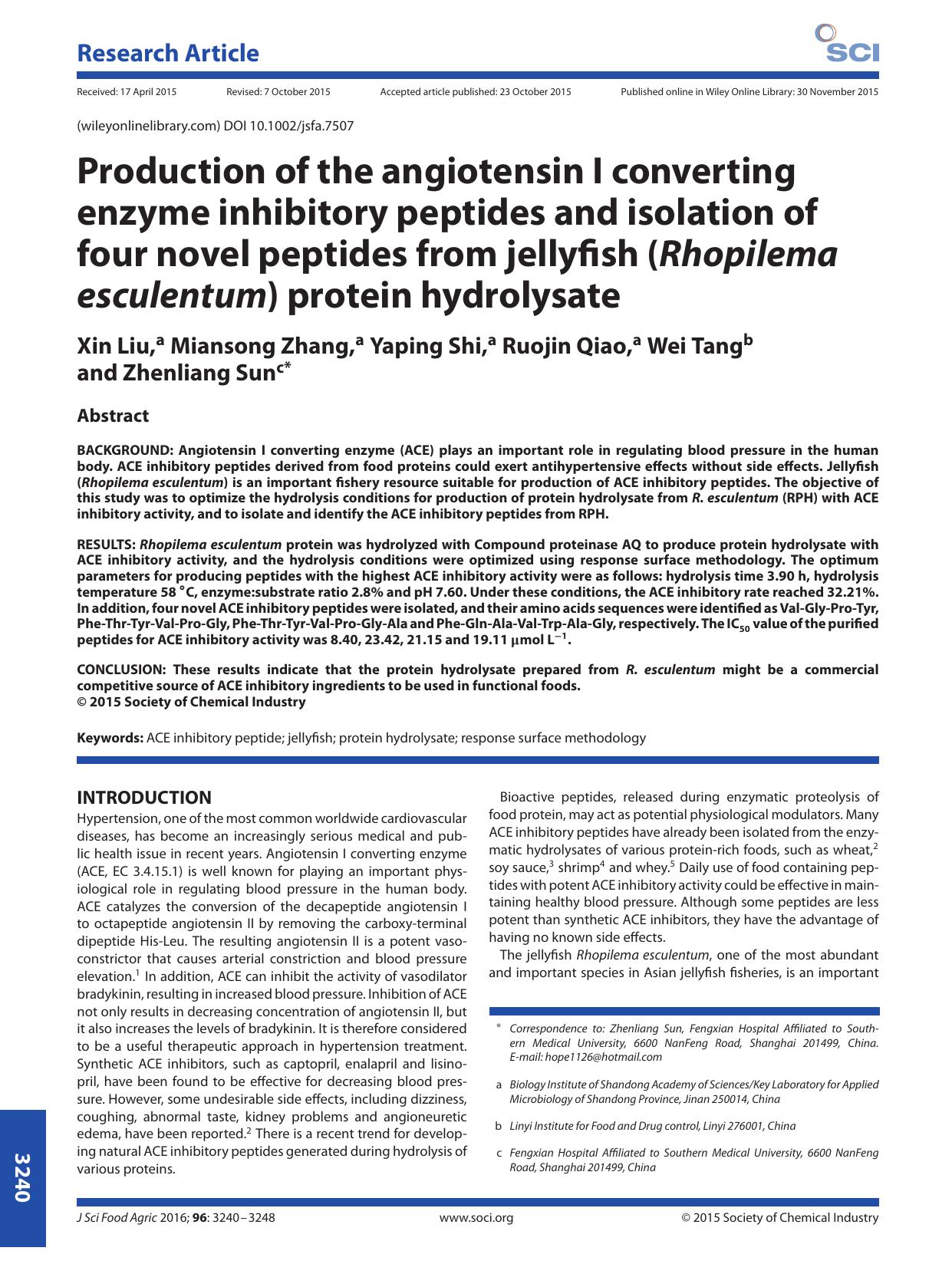Production of the angiotensin I converting enzyme inhibitory peptides and isolation of four novel peptides from jellyfish (Rhopilema esculentum) protein hydrolysate by Unknown