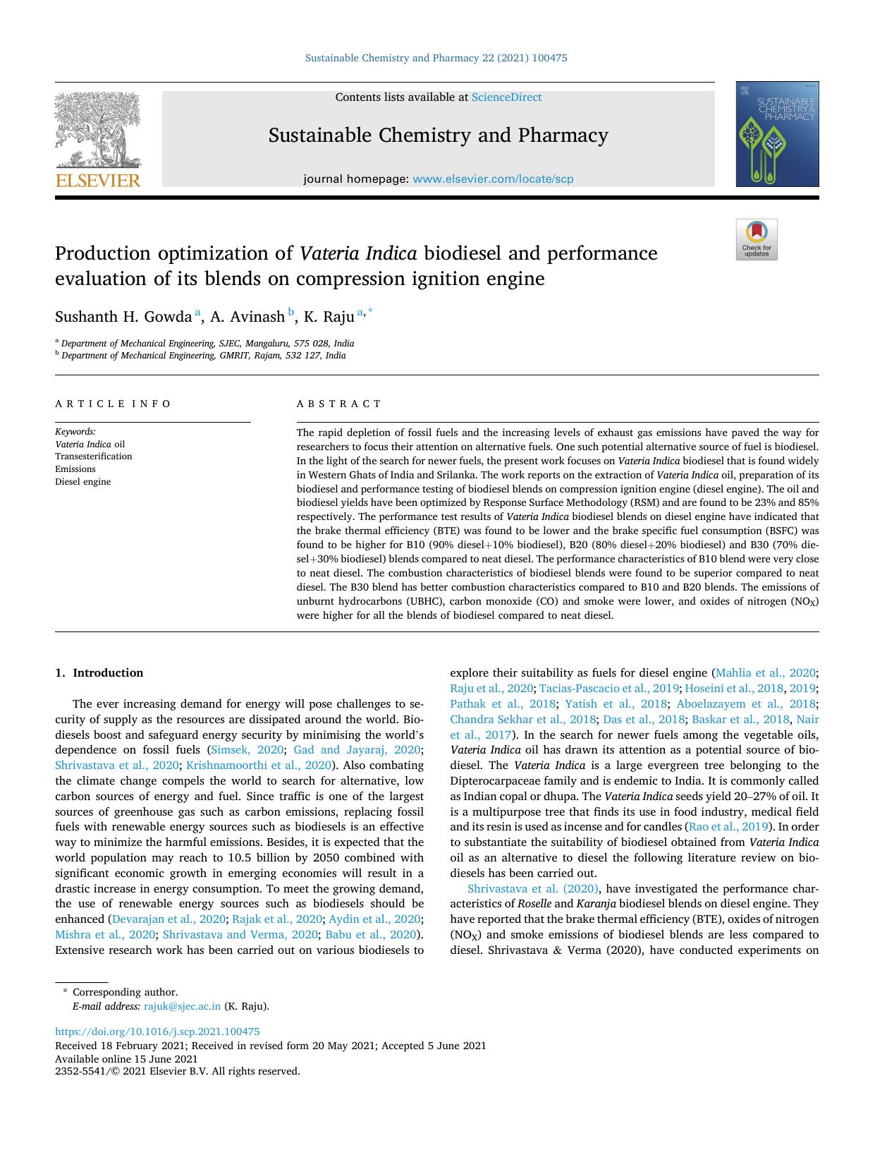Production optimization of Vateria Indica biodiesel and performance evaluation of its blends on compression ignition engine by Sushanth H. Gowda & A. Avinash & K. Raju