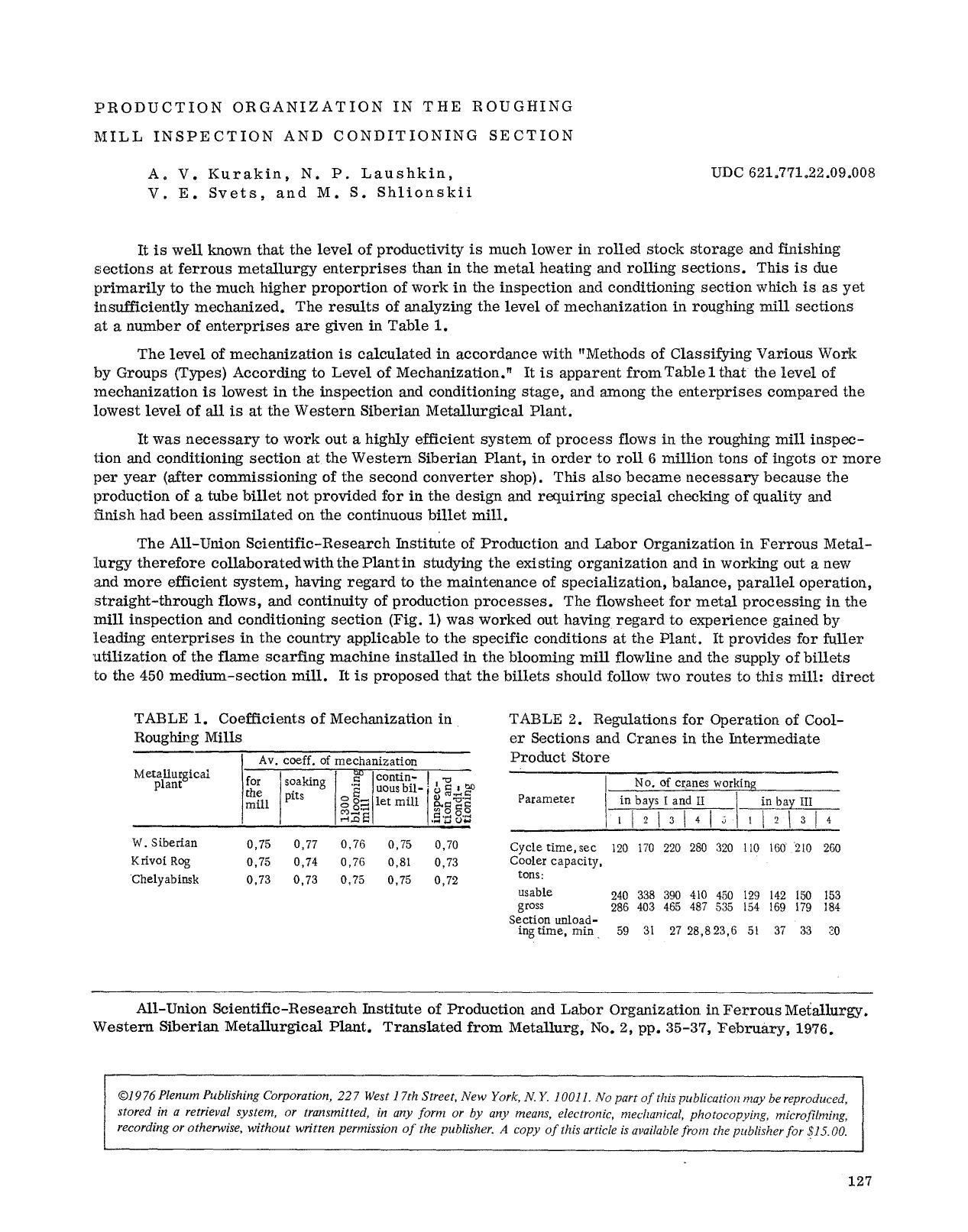 Production organization in the roughing mill inspection and conditioning section by Unknown