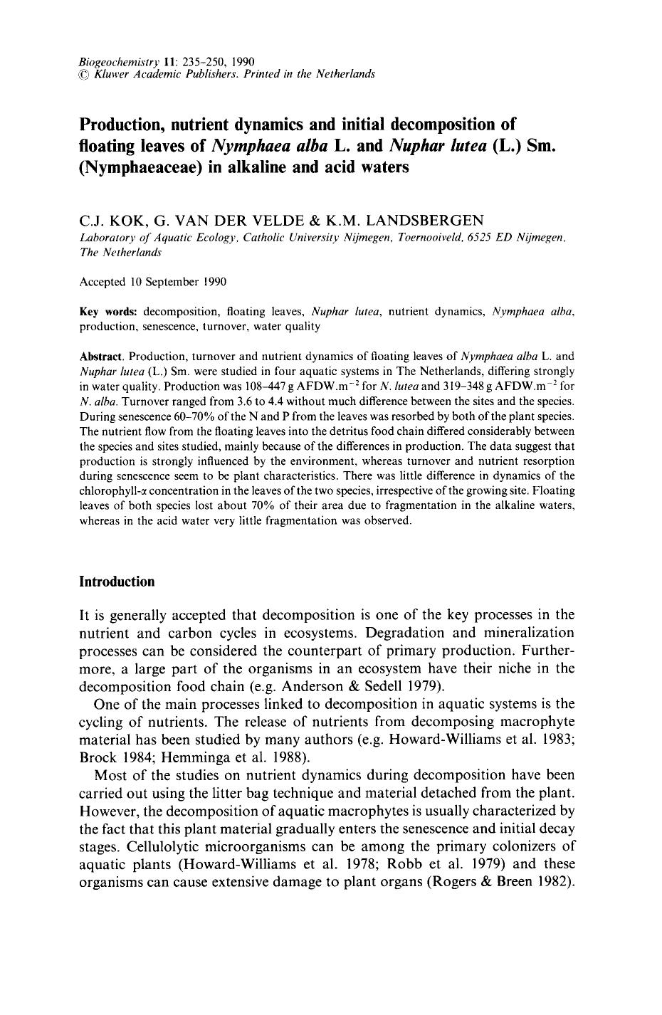 Production, nutrient dynamics and initial decomposition of floating leaves of <Emphasis Type="Italic">Nymphaea alba<Emphasis> L. and <Emphasis Type="Italic">Nuphar lutea<Emphasis> by Unknown