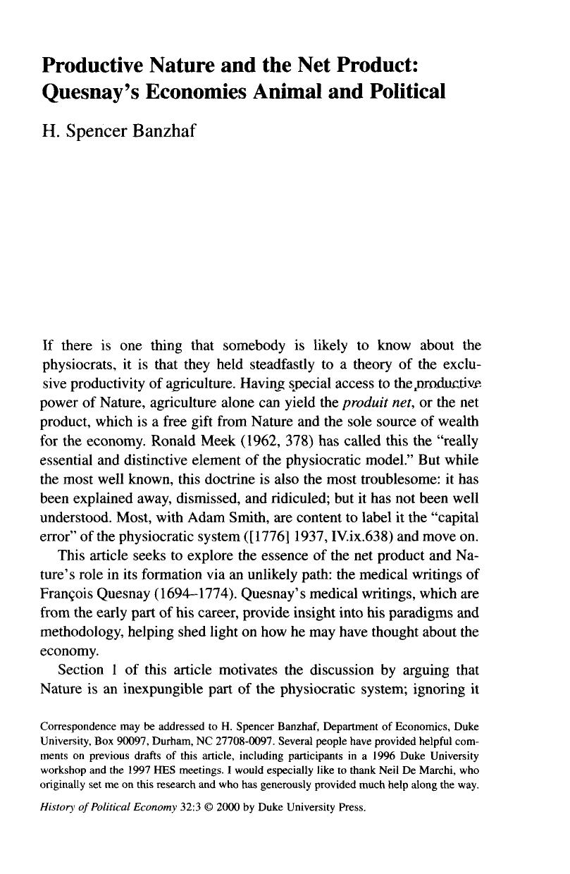 Productive Nature and the Net Product: Quesnay's Economies Animal and Political by H. Spencer Banzhaf