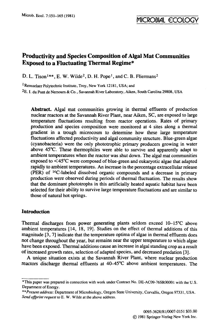 Productivity and species composition of algal mat communities exposed to a fluctuating thermal regime by Unknown