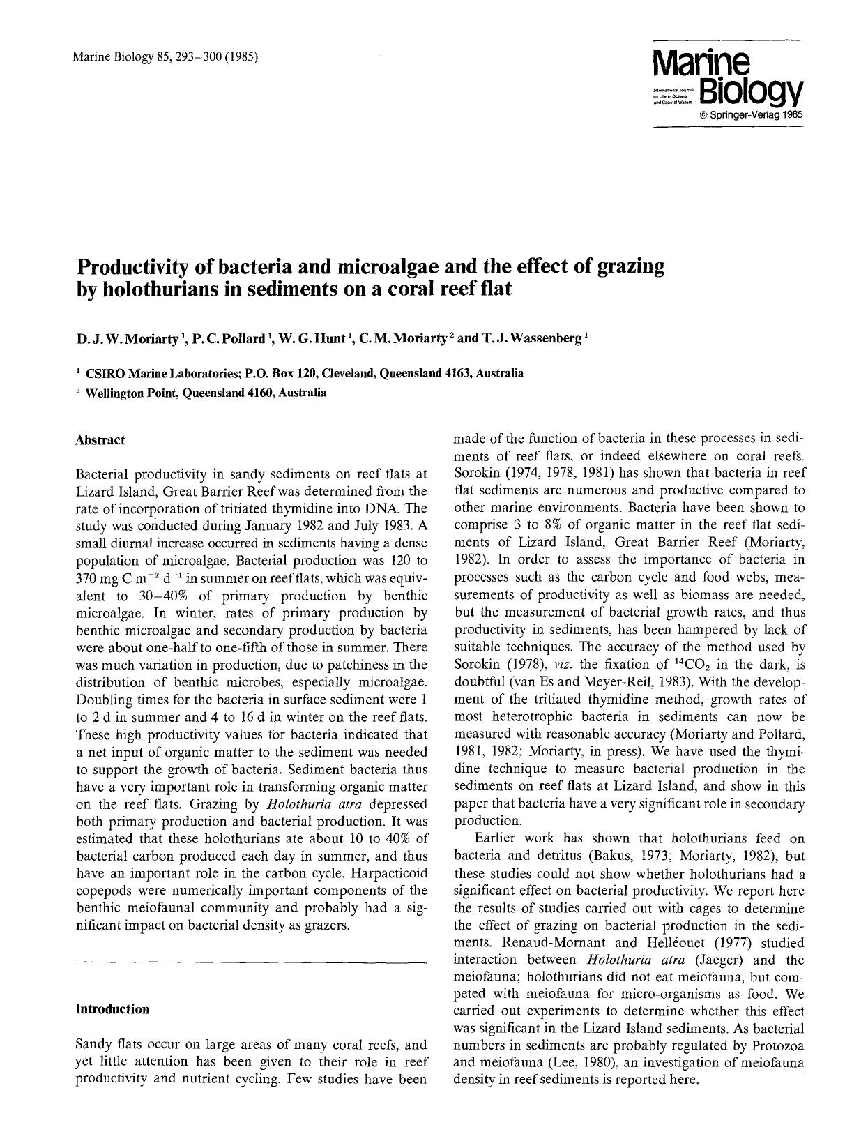 Productivity of bacteria and microalgae and the effect of grazing by holothurians in sediments on a coral reef flat by Unknown