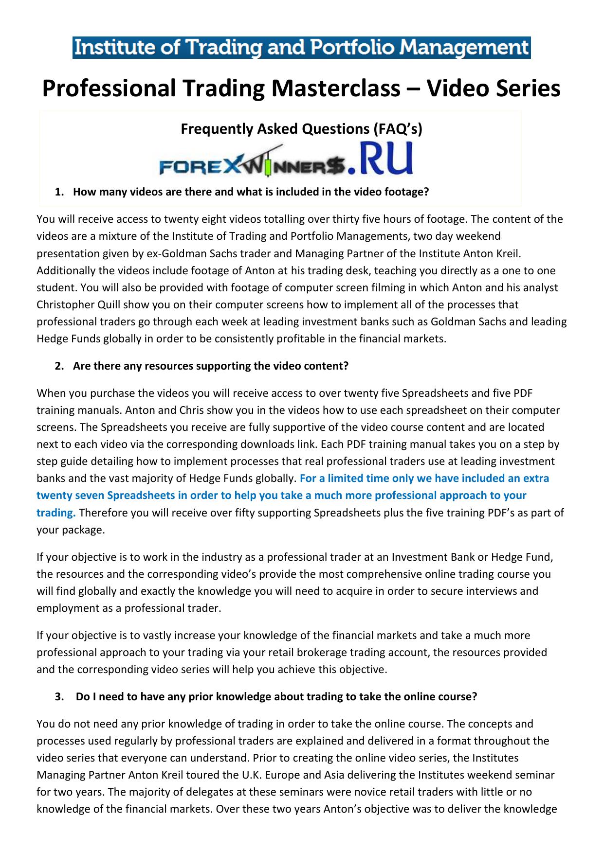 Professional Trading Masterclass FAQs by home