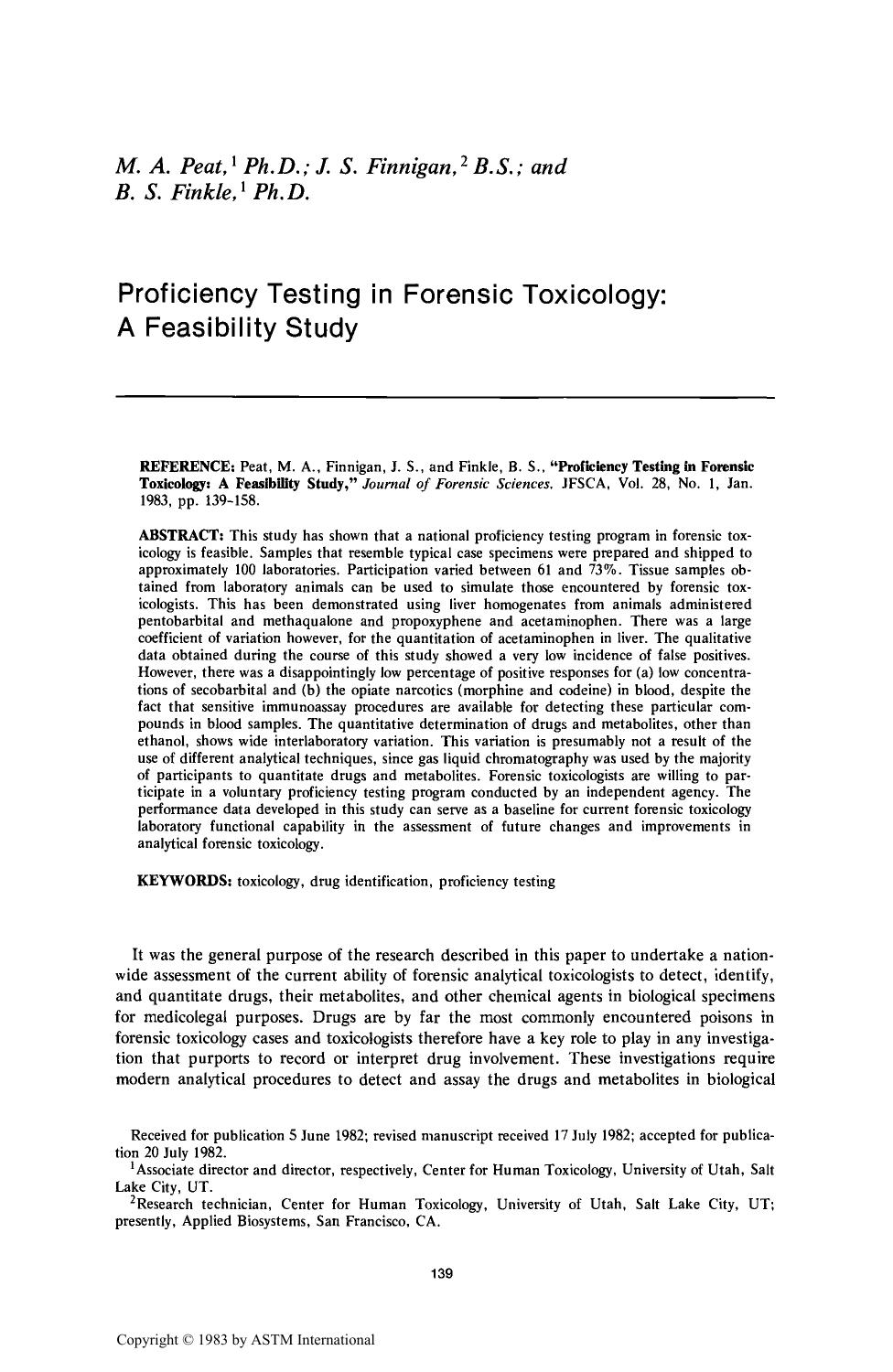 Proficiency Testing in Forensic Toxicology: A Feasibility Study by Peat MA Finnigan JS Finkle BS