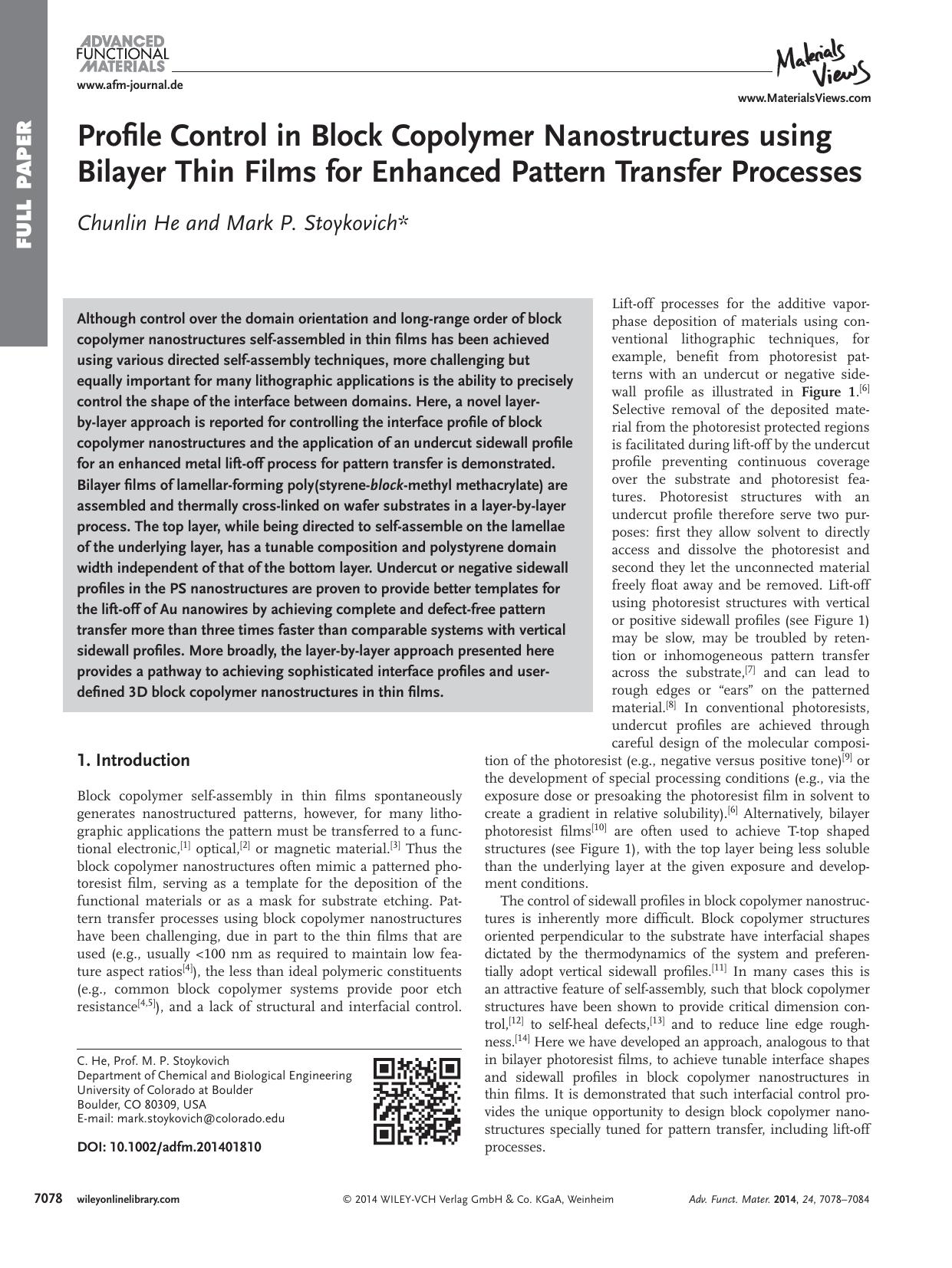 Profile Control in Block Copolymer Nanostructures using Bilayer Thin Films for Enhanced Pattern Transfer Processes by processteam