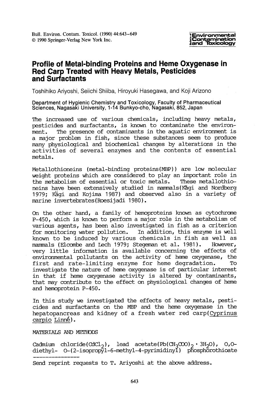 Profile of metal-binding proteins and heme oxygenase in red carp treated with heavy metals, pesticides and surfactants by Unknown