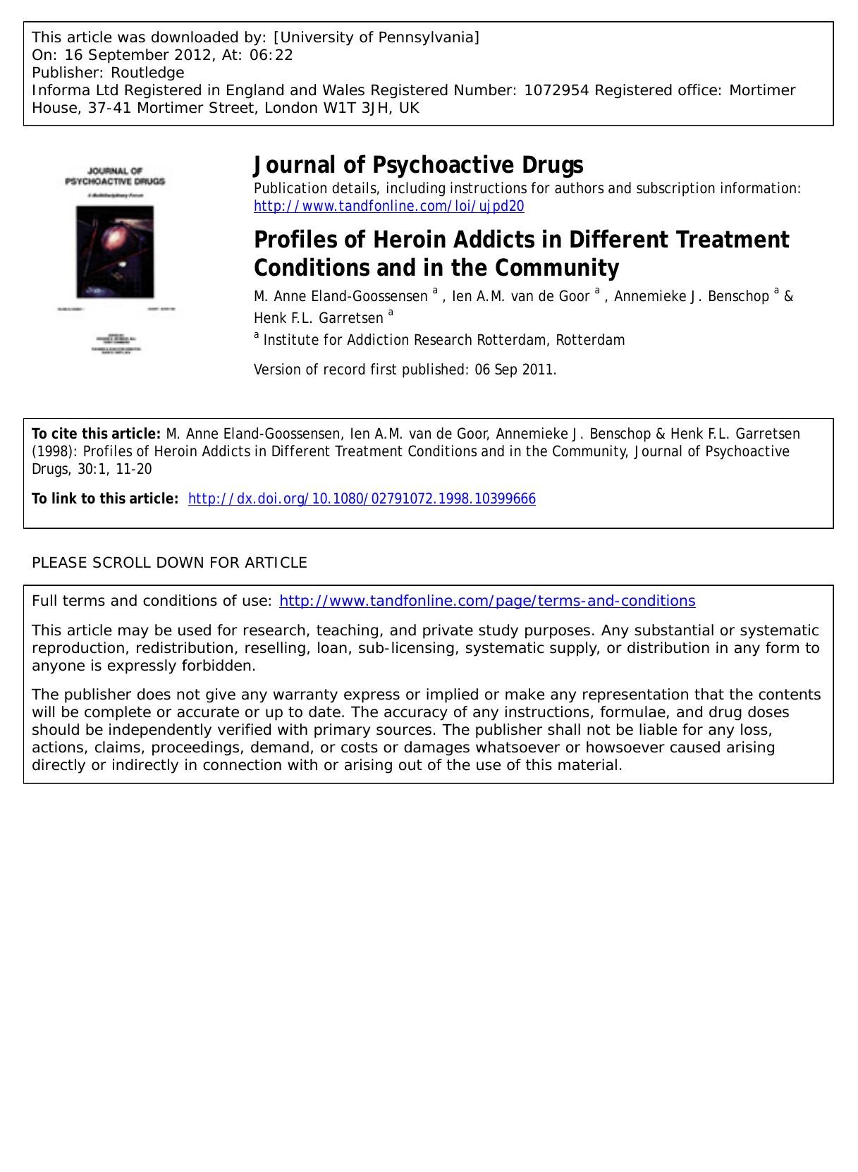 Profiles of Heroin Addicts in Different Treatment Conditions and in the Community by unknow