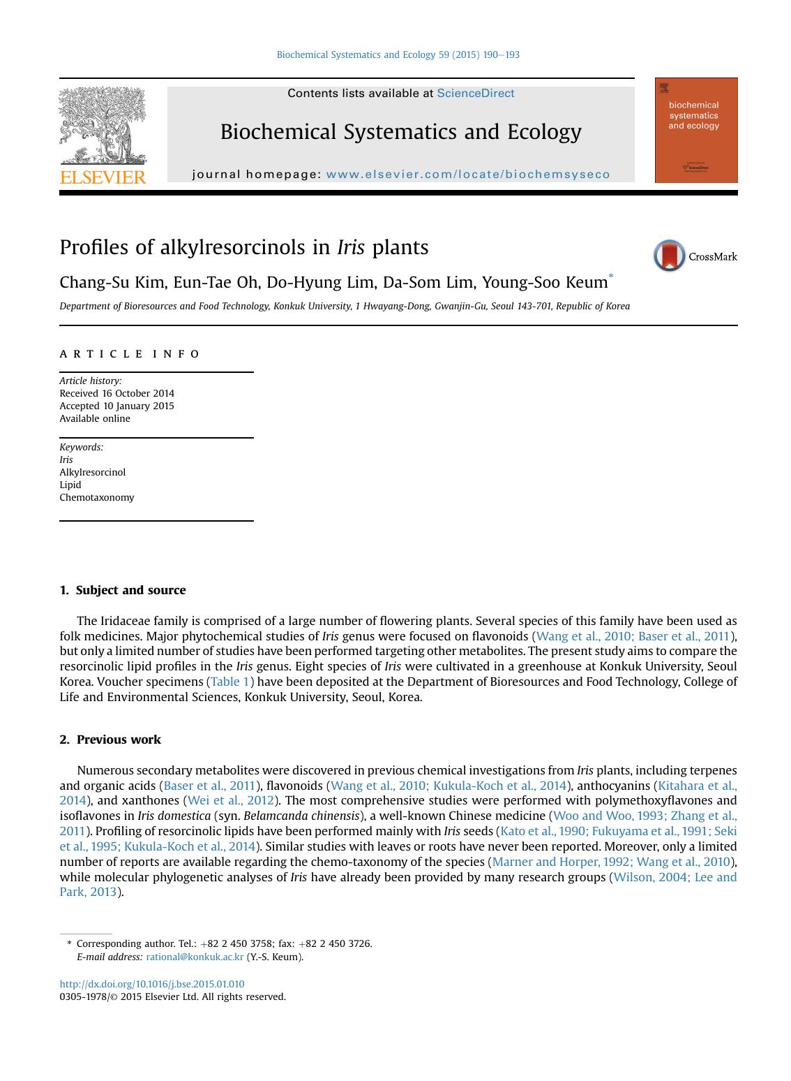 Profiles of alkylresorcinols in Iris plants by Chang-Su Kim & Eun-Tae Oh & Do-Hyung Lim & Da-Som Lim & Young-Soo Keum