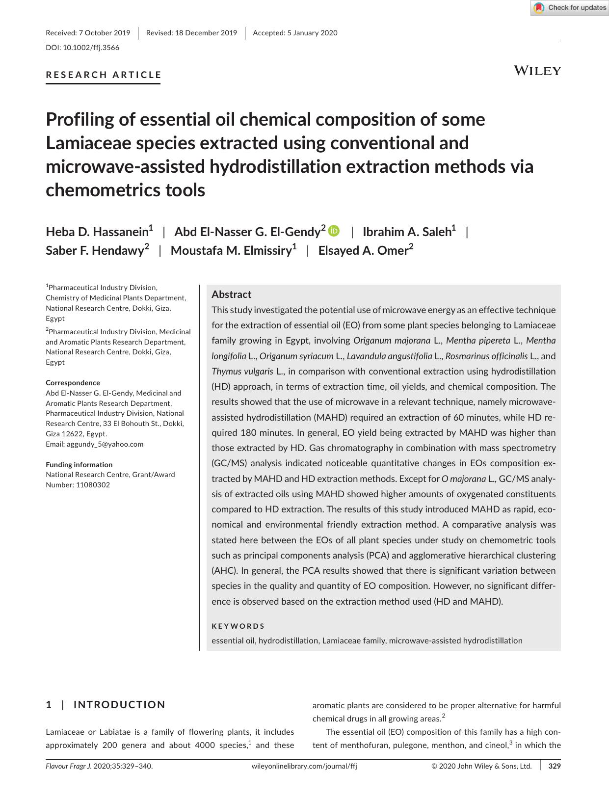 Profiling of essential oil chemical composition of some Lamiaceae species extracted using conventional and microwaveâassisted hydrodistillation extraction methods via chemometrics tools by Unknown