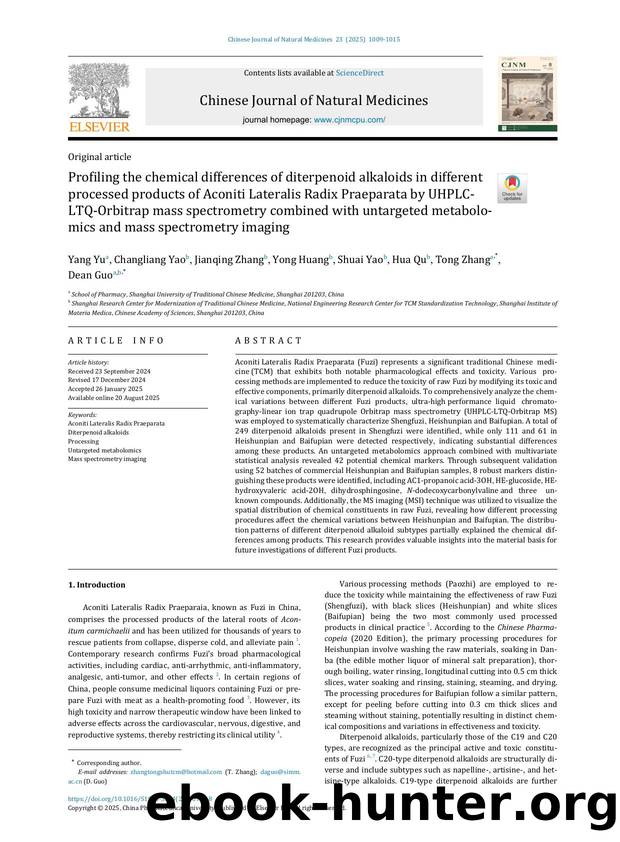Profiling the chemical differences of diterpenoid alkaloids in different processed products of Aconiti Lateralis Radix Praeparata by UHPLC-LTQ-Orbitrap mass spectrometry combined w by Yang Yu & Changliang Yao & Jianqing Zhang & Yong Huang & Shuai Yao & Hua Qu & Tong Zhang & Dean Guo