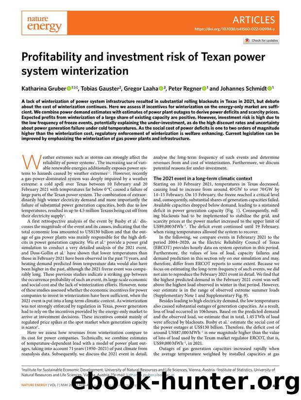 Profitability and investment risk of Texan power system winterization by Katharina Gruber & Tobias Gauster & Gregor Laaha & Peter Regner & Johannes Schmidt