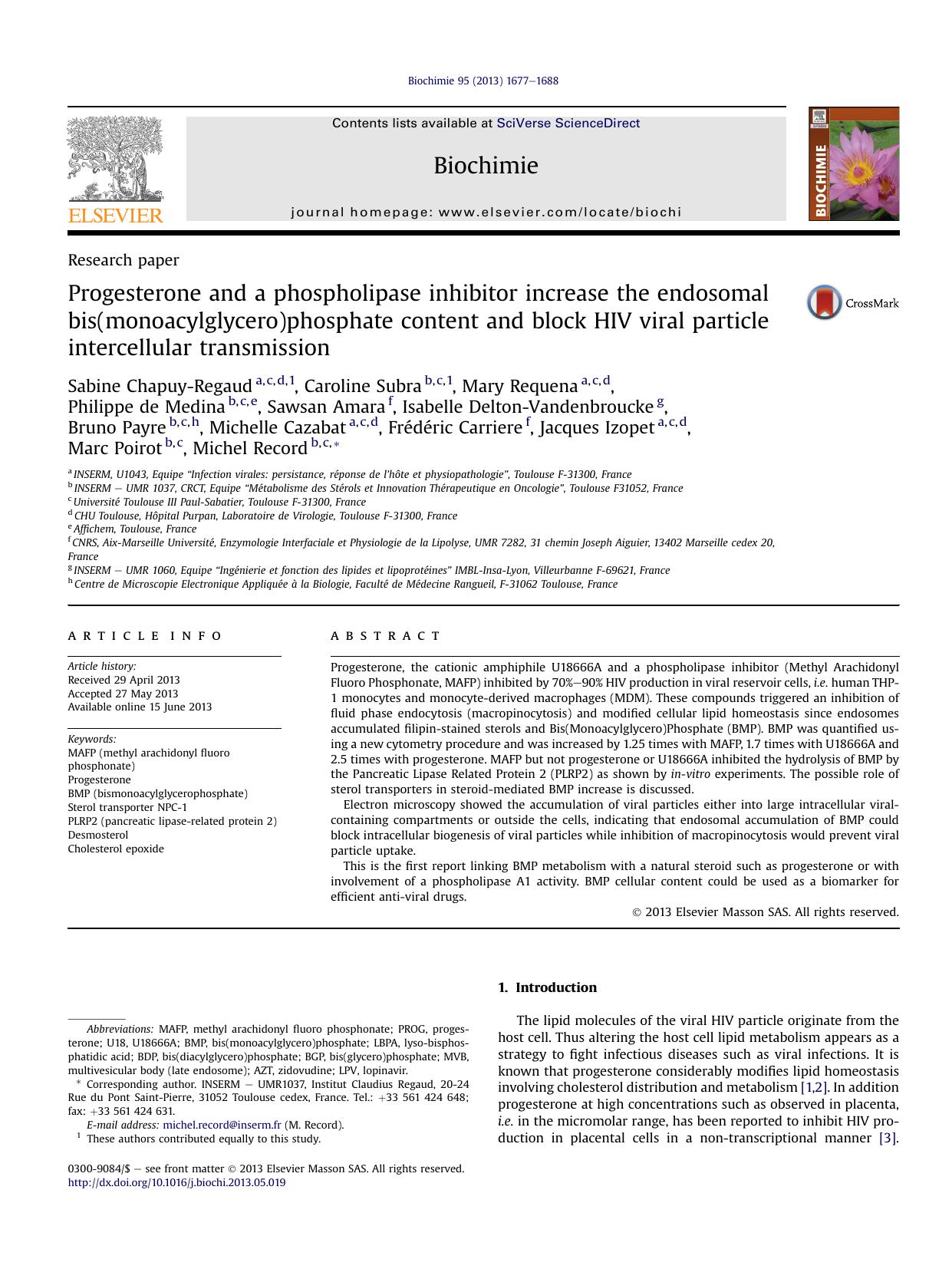 Progesterone and a phospholipase inhibitor increase the endosomal bis(monoacylglycero)phosphate content and block HIV viral particle intercellular transmission by unknow