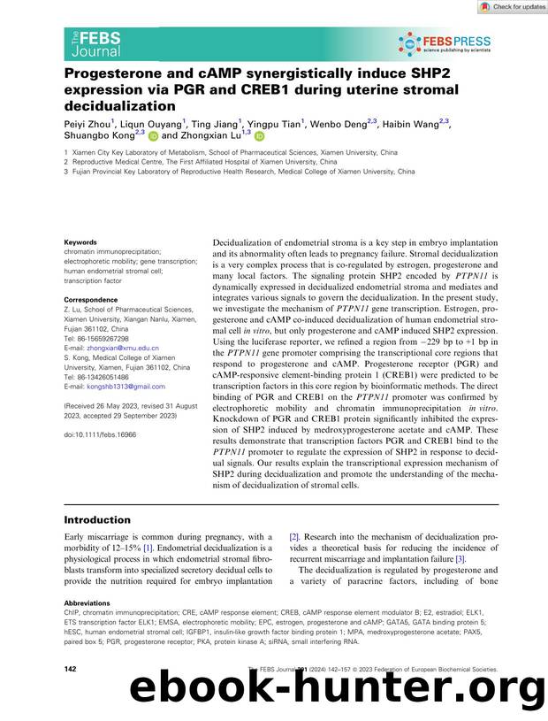 Progesterone and cAMP synergistically induce SHP2 expression via PGR and CREB1 during uterine stromal decidualization by Unknown
