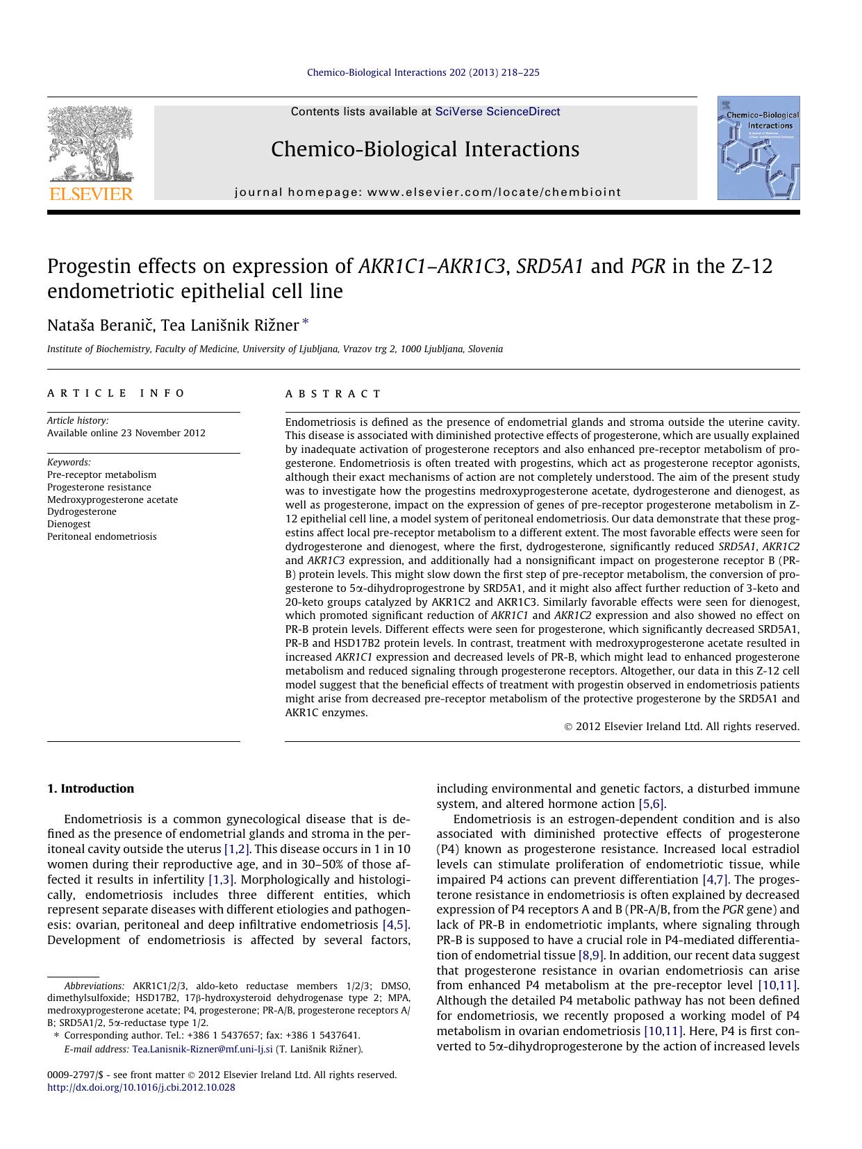 Progestin effects on expression of AKR1C1Ã¢â¬âAKR1C3, SRD5A1 and PGR in the Z-12 endometriotic epithelial cell line by NataÅ¡a BeraniÄ• & Tea Lanišnik Rižner
