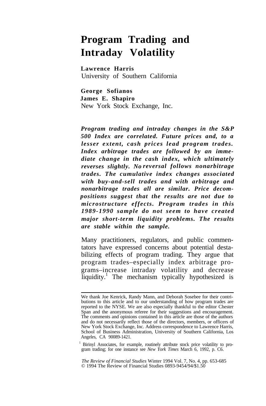 Program Trading and Intraday Volatility by Lawrence Harris George Sofianos & James E. Shapiro