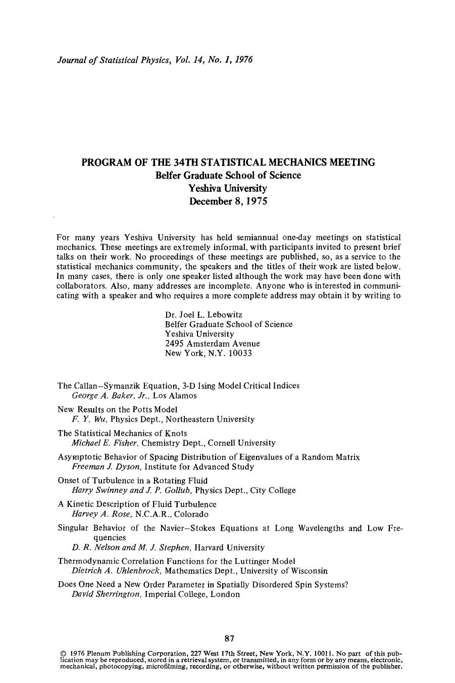 Program of the 34th Statistical Mechanics Meeting by Unknown