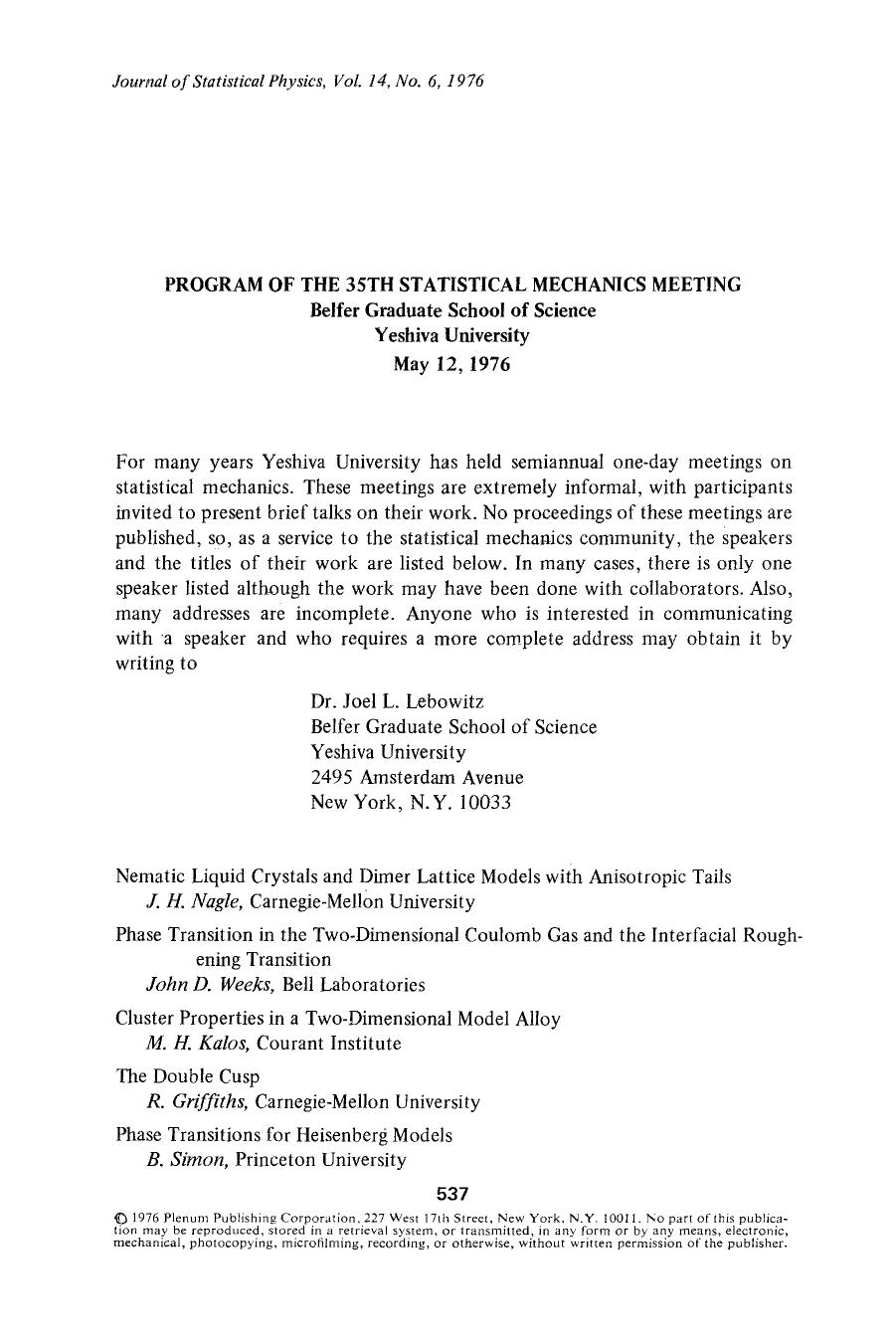 Program of the 35th Statistical Mechanics Meeting by Unknown