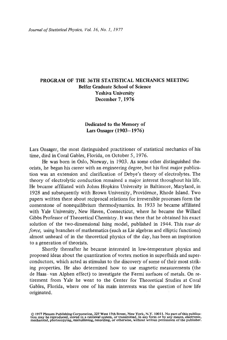 Program of the 36th Statistical Mechanics Meeting by Unknown