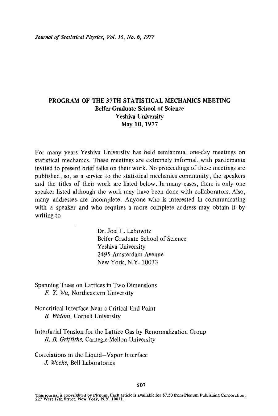 Program of the 37th statistical mechanics meeting by Unknown