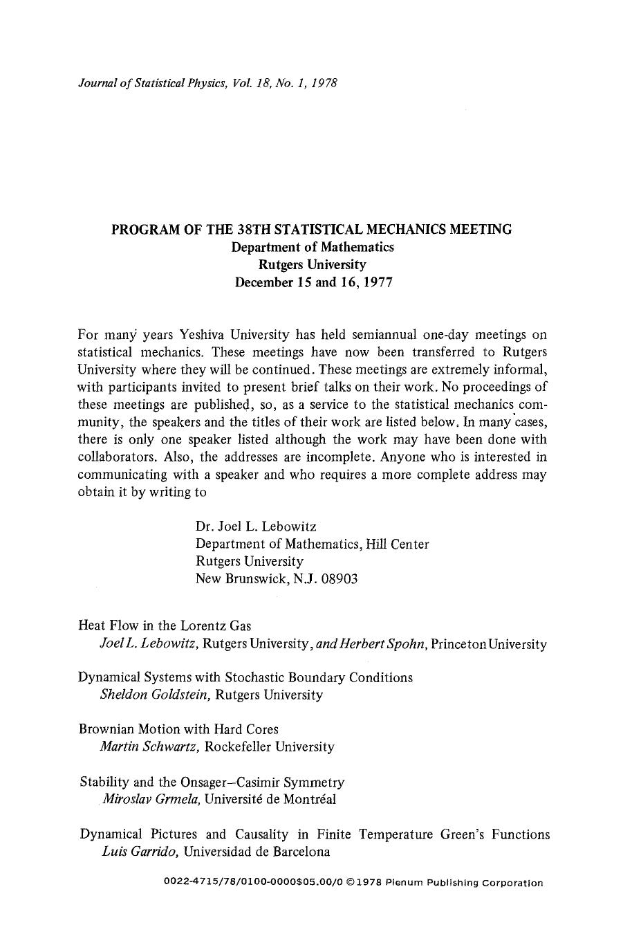 Program of the 38th statistical mechanics meeting by Unknown