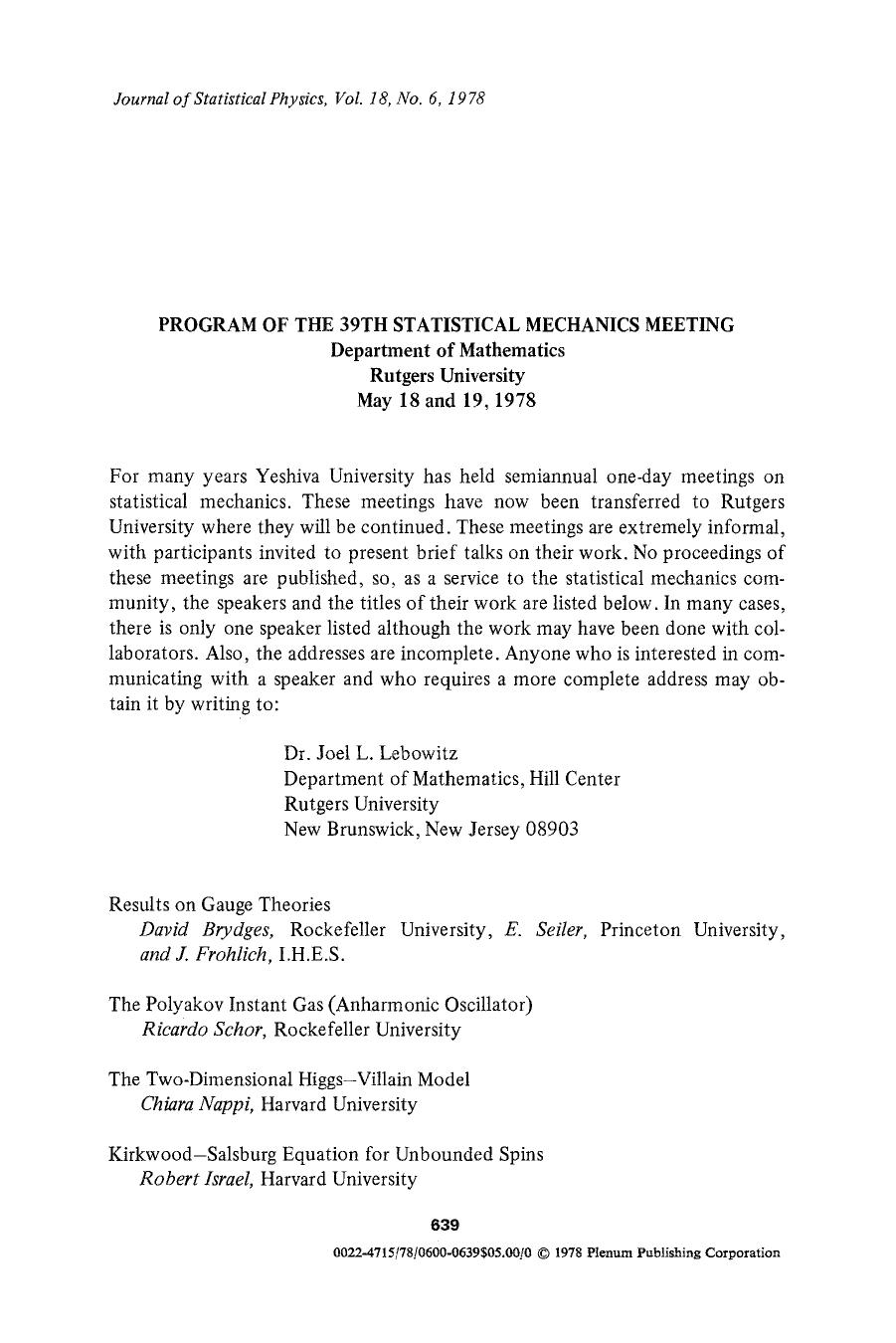Program of the 39th Statistical Mechanics Meeting by Unknown
