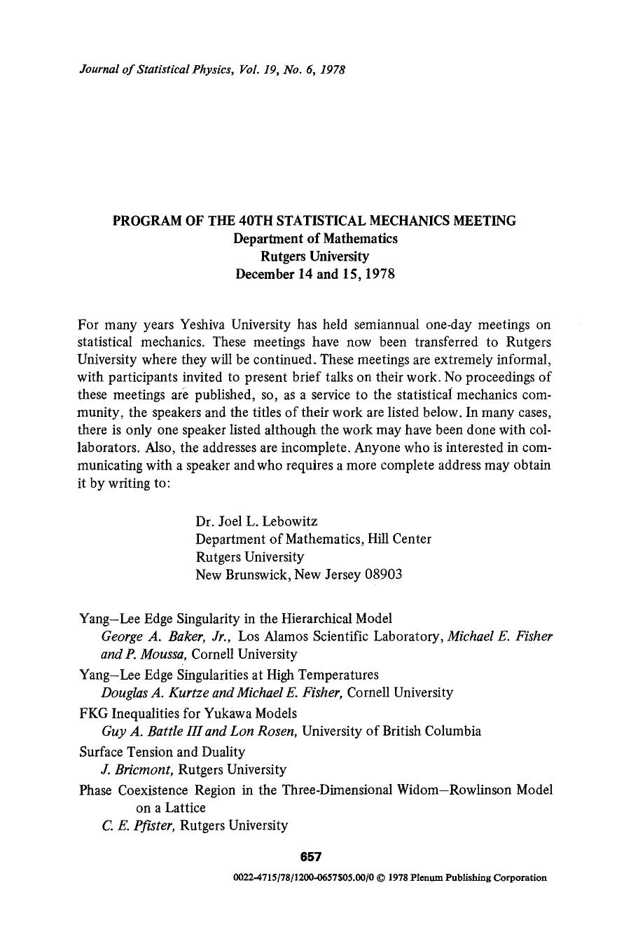 Program of the 40th statistical mechanics meeting by Unknown
