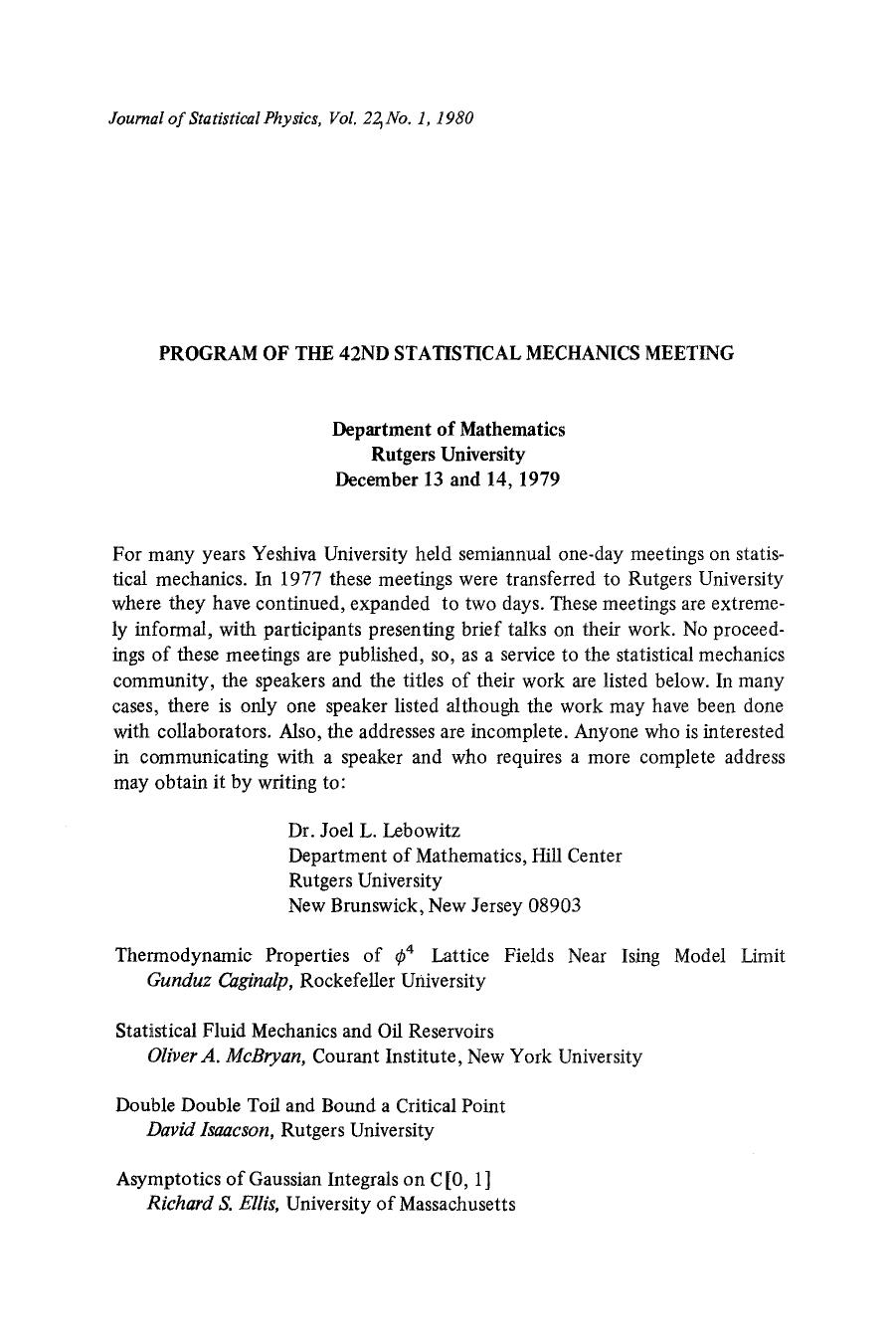 Program of the 42nd Statistical Mechanics Meeting by Unknown