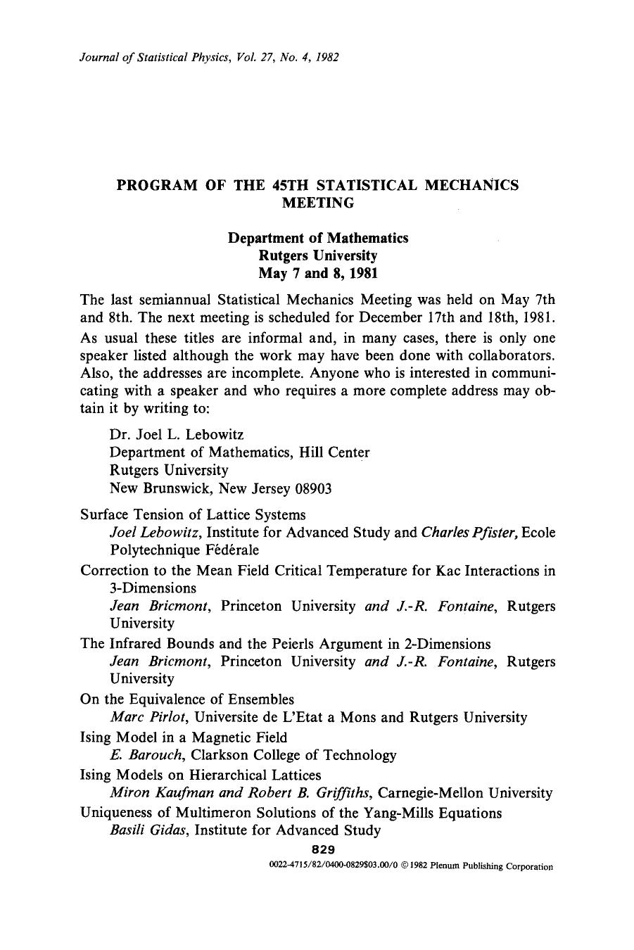 Program of the 45th Statistical Mechanics Meeting by Unknown