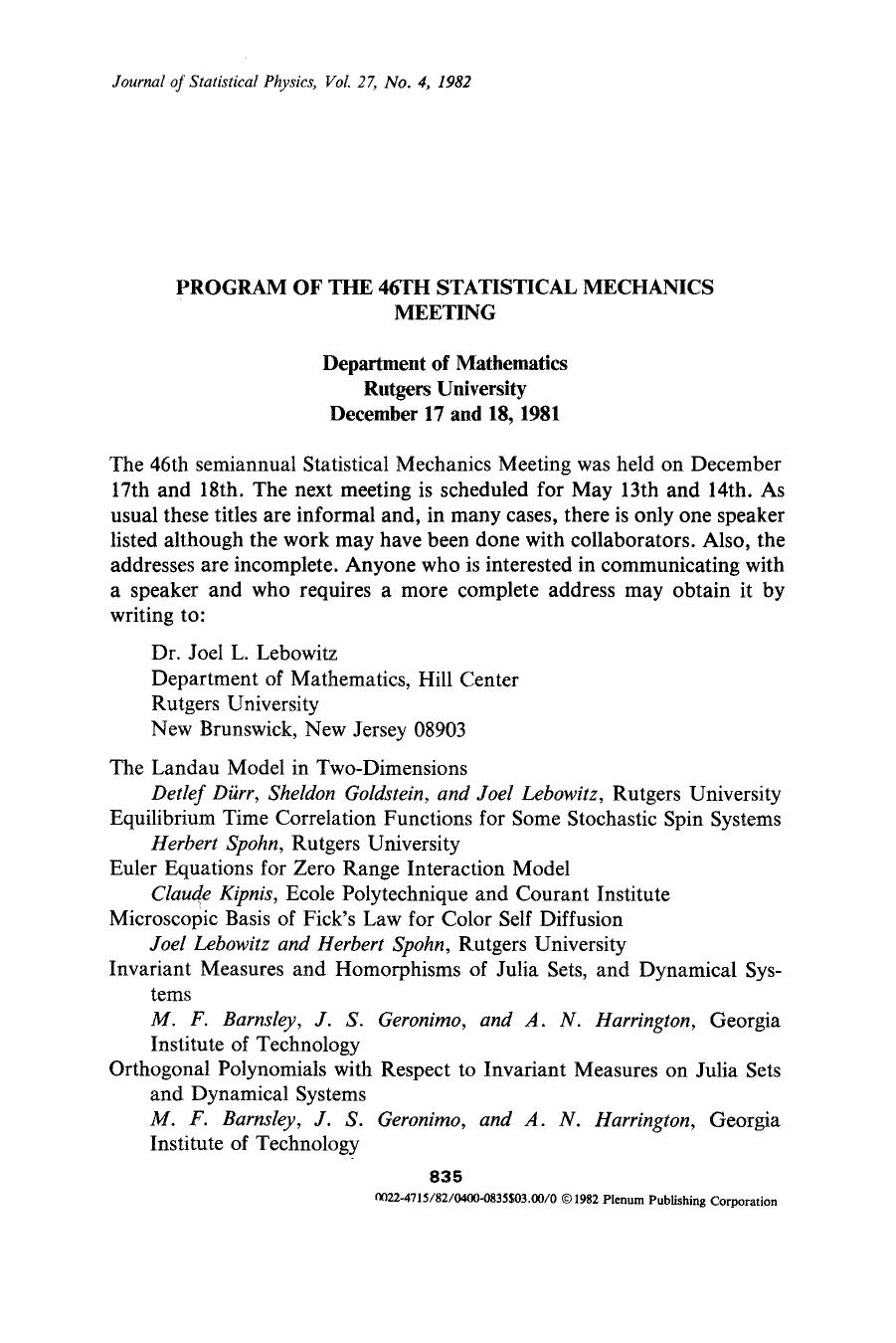 Program of the 46th Statistical Mechanics Meeting by Unknown