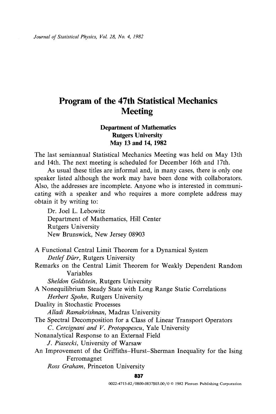 Program of the 47th Statistical Mechanics Meeting by Unknown