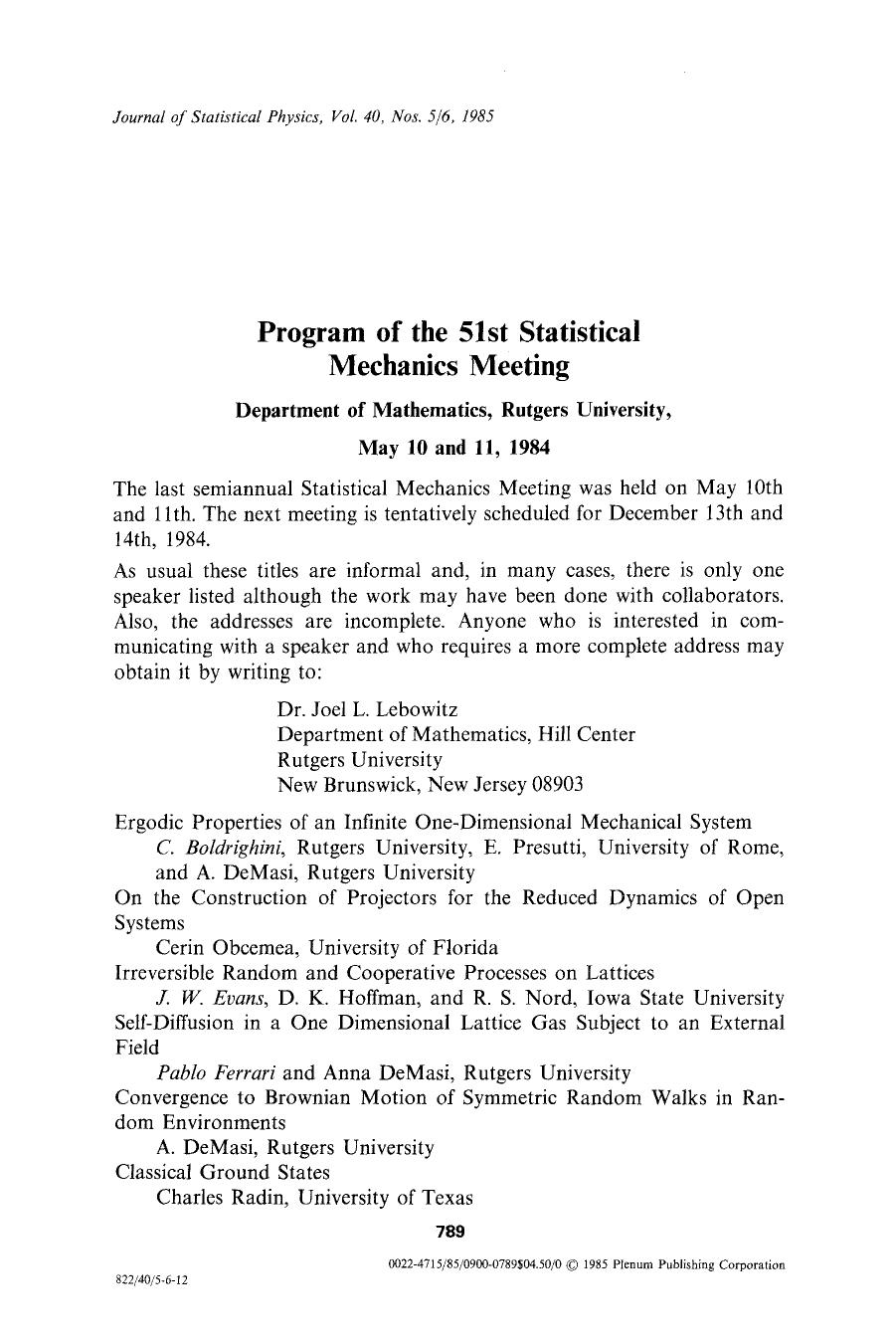 Program of the 51st statistical mechanics meeting by Unknown