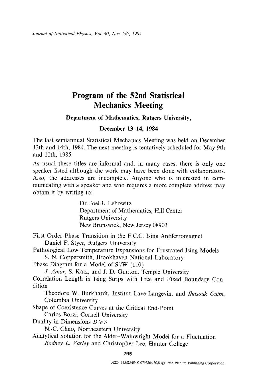 Program of the 52nd statistical mechanics meeting by Unknown