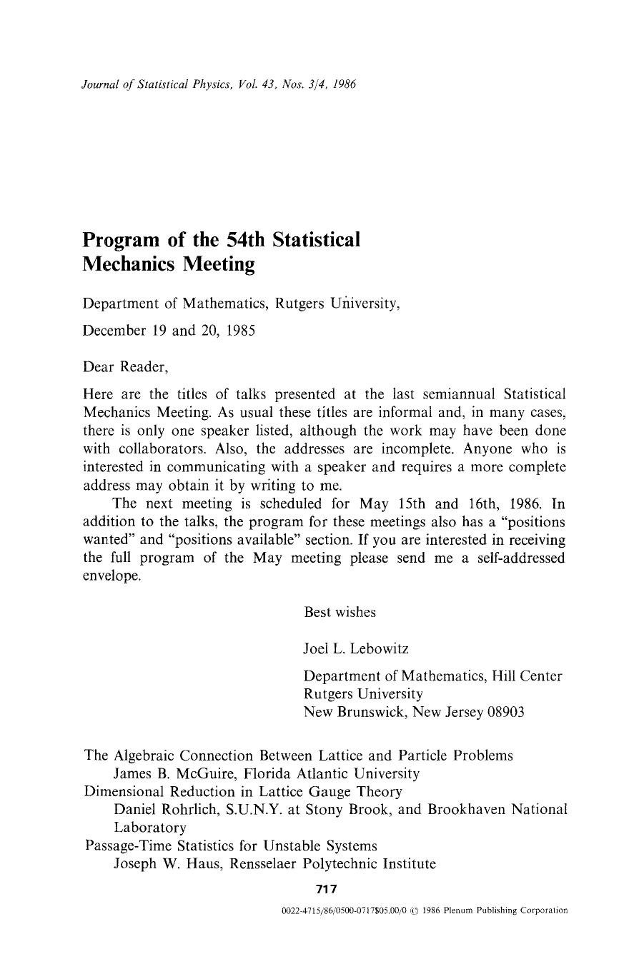 Program of the 54th Statistical Mechanics Meeting by Unknown