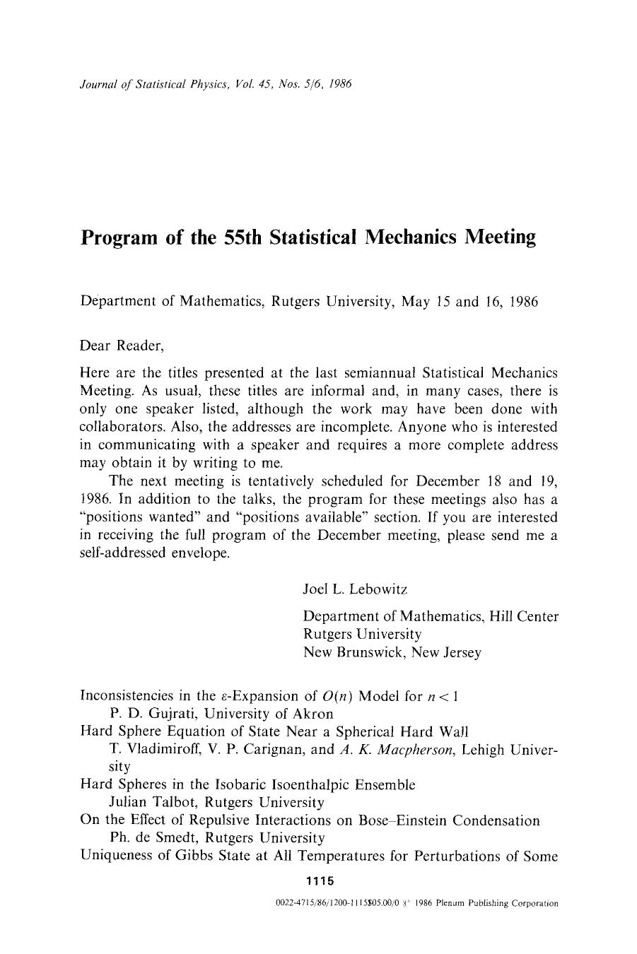 Program of the 55th stastical mechanics meeting by Unknown