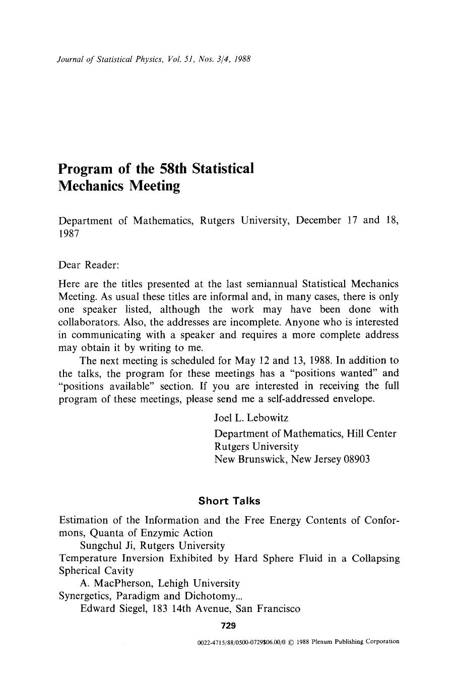 Program of the 58th Statistical Mechanics Meeting by Unknown