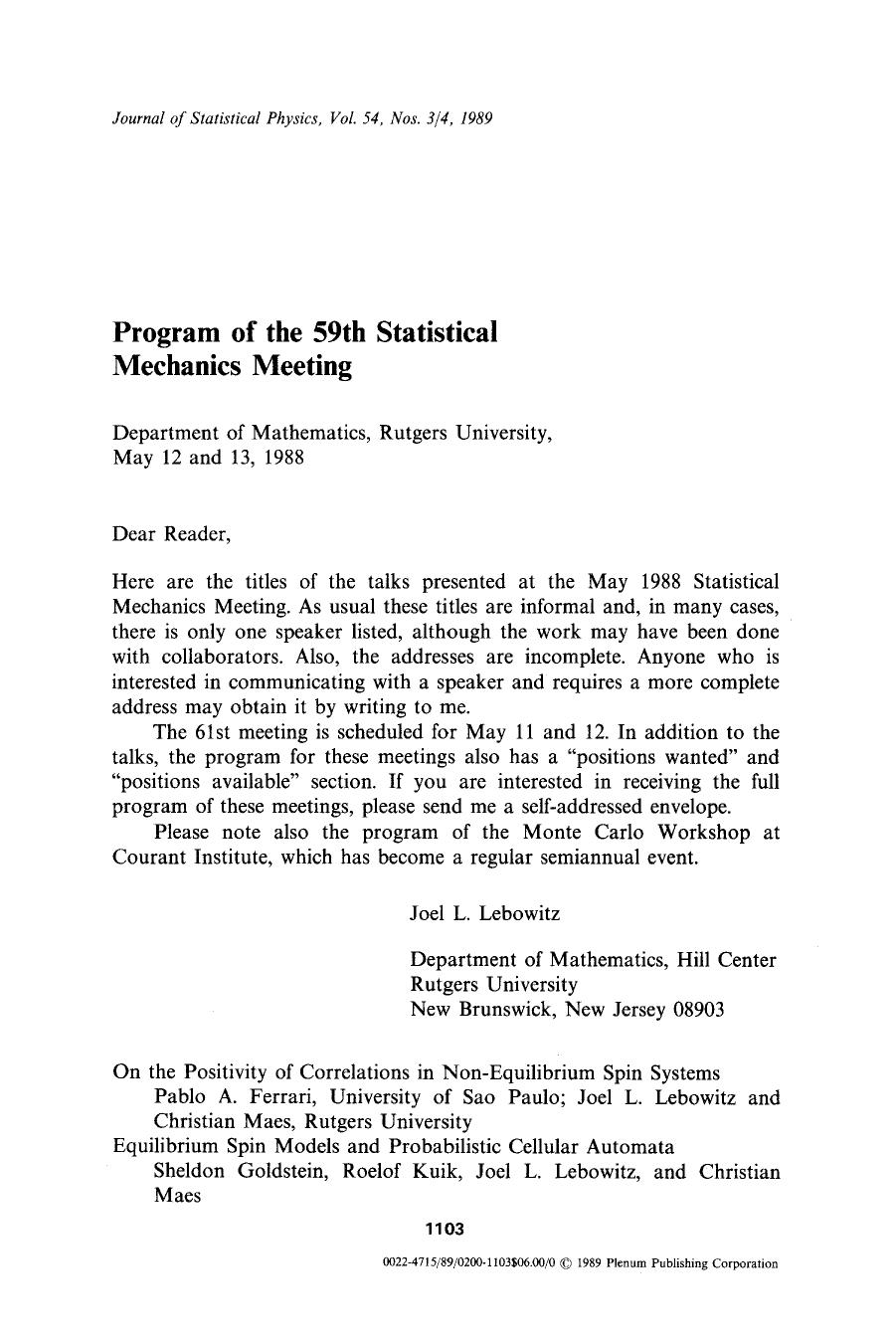 Program of the 59th Statistical Mechanics Meeting by Unknown
