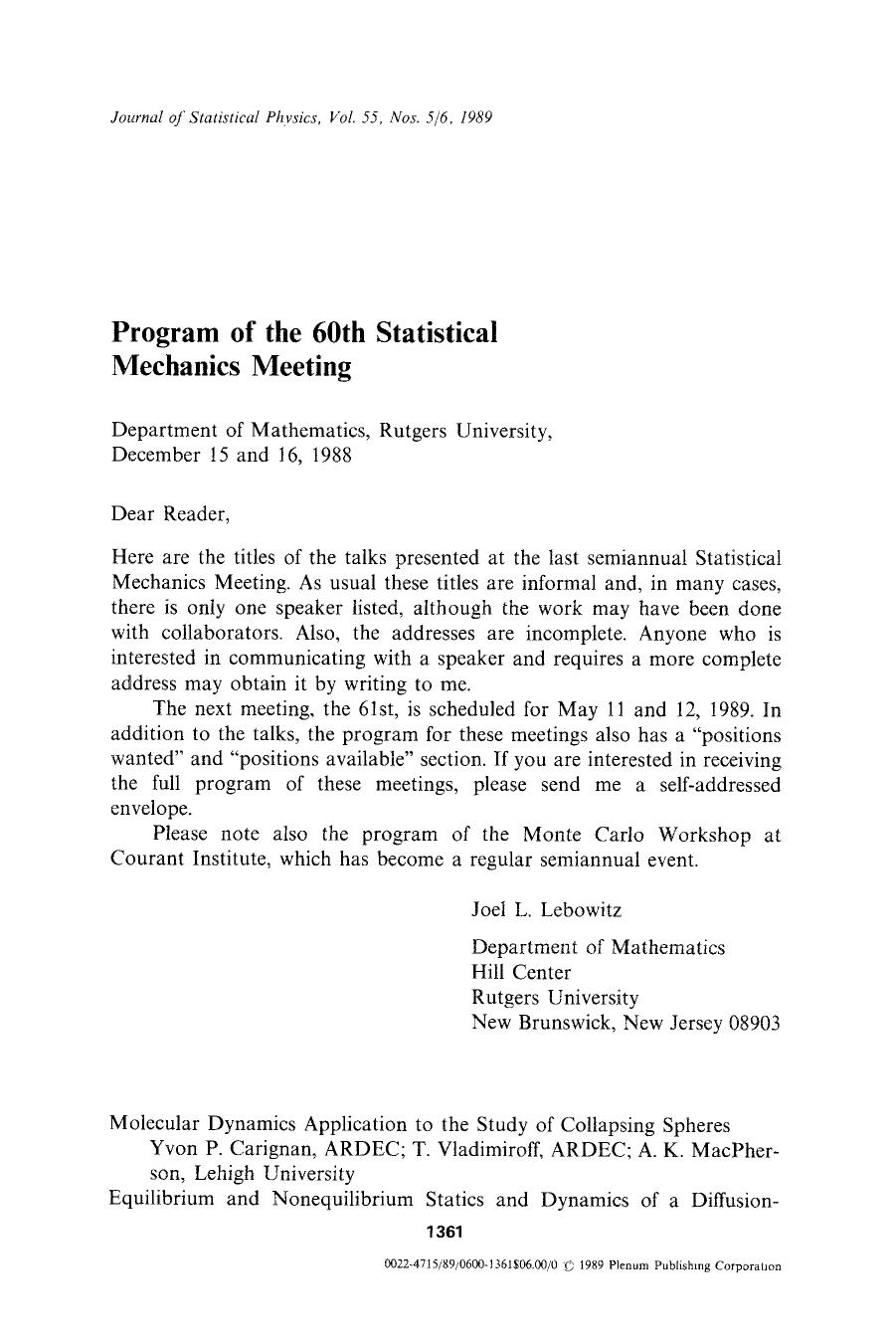 Program of the 60th Statistical mechanics Meeting by Unknown