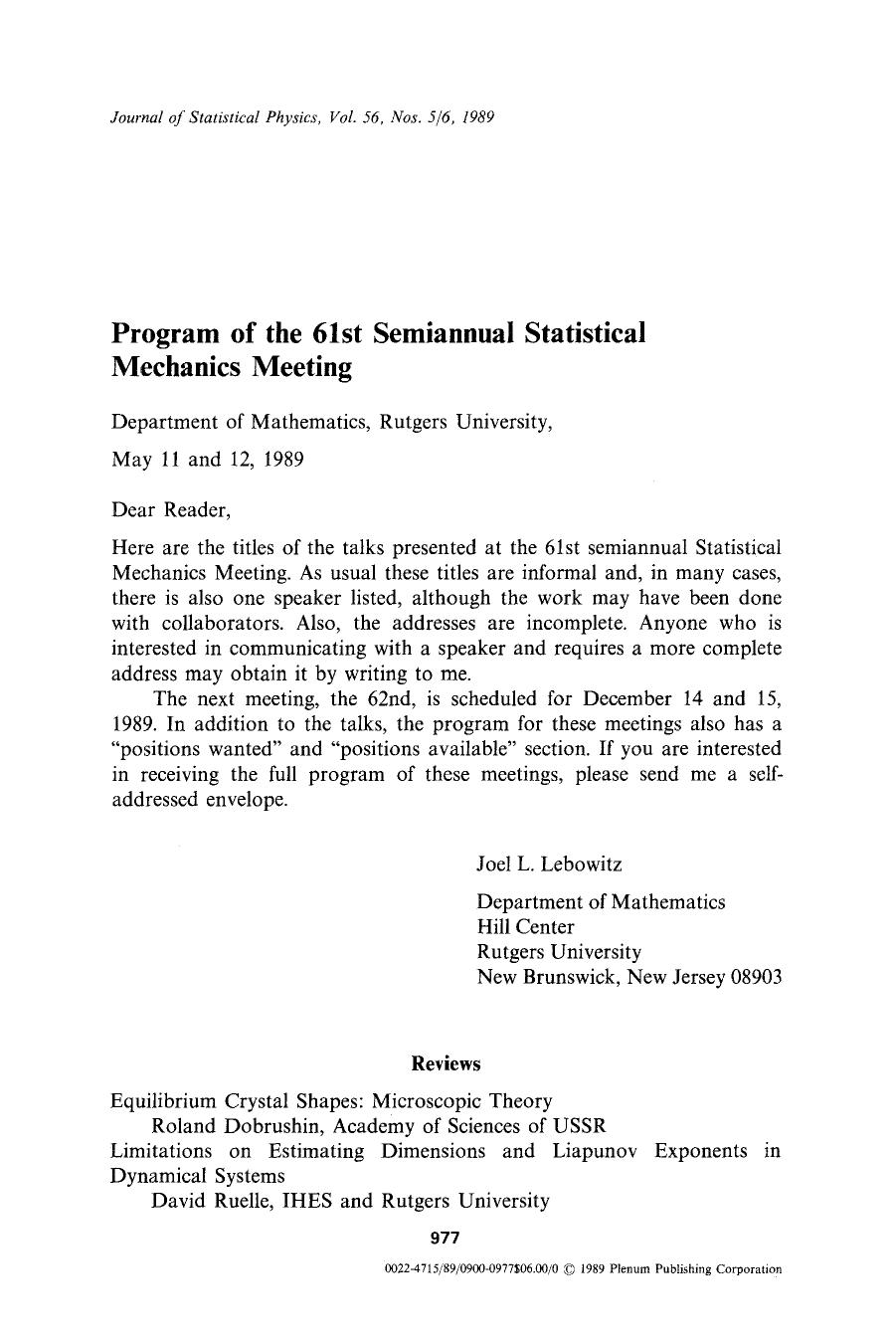 Program of the 61st semiannual Statistical Mechanics Meeting by Unknown