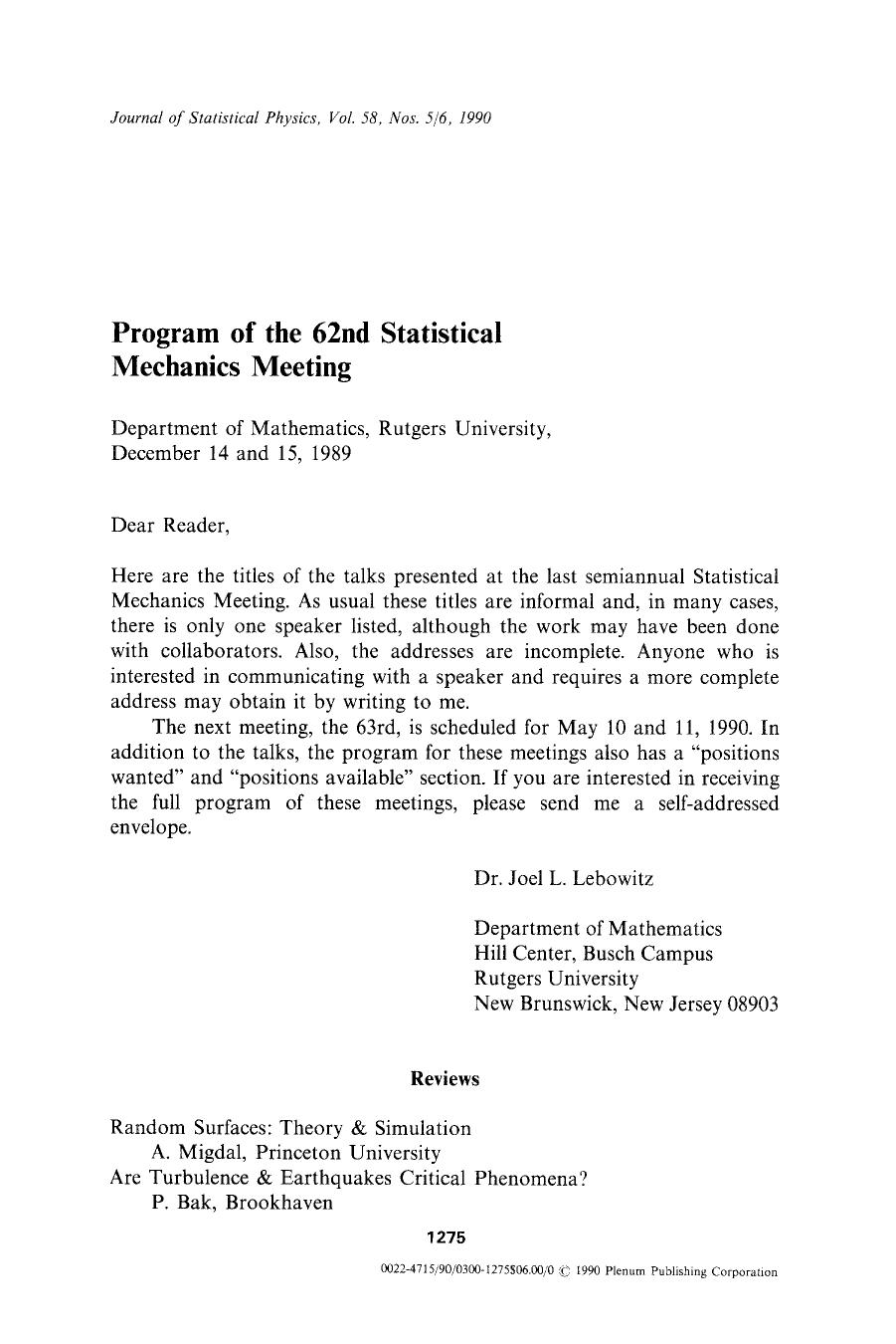 Program of the 62nd Statistical Mechanics Meeting by Unknown