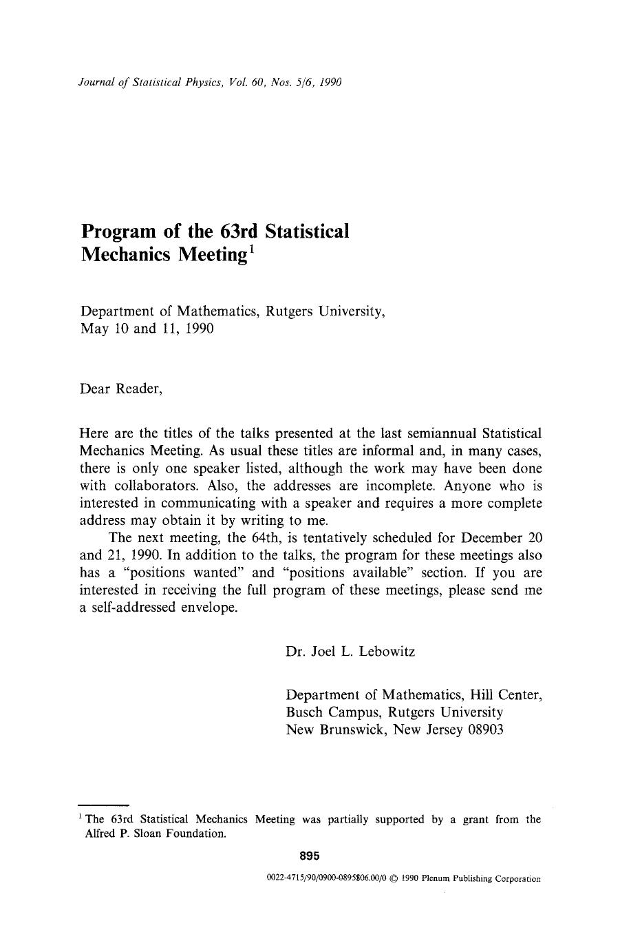 Program of the 63rd Statistical Mechanics Meeting by Unknown