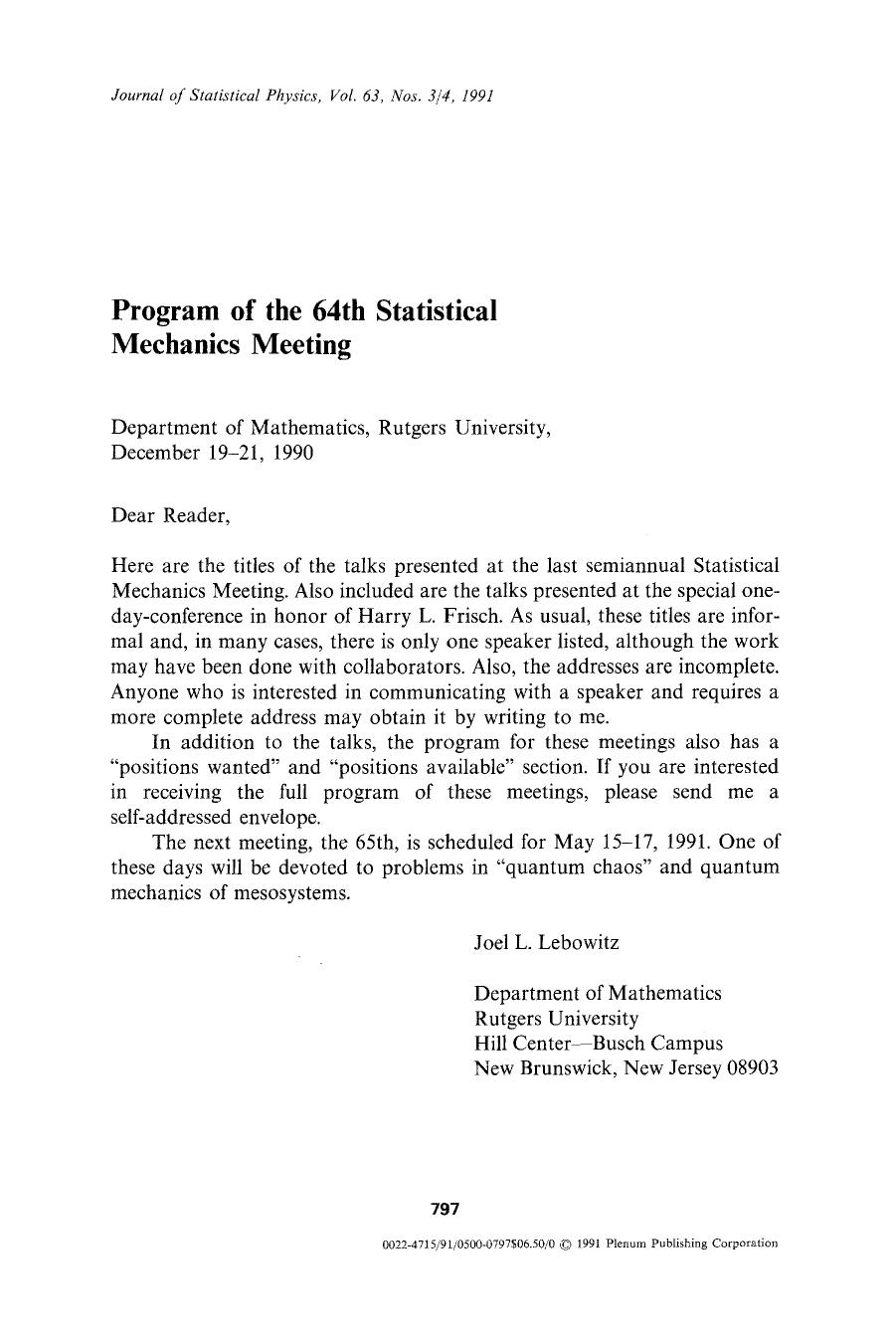 Program of the 64th Statistical Mechanics Meeting by Unknown