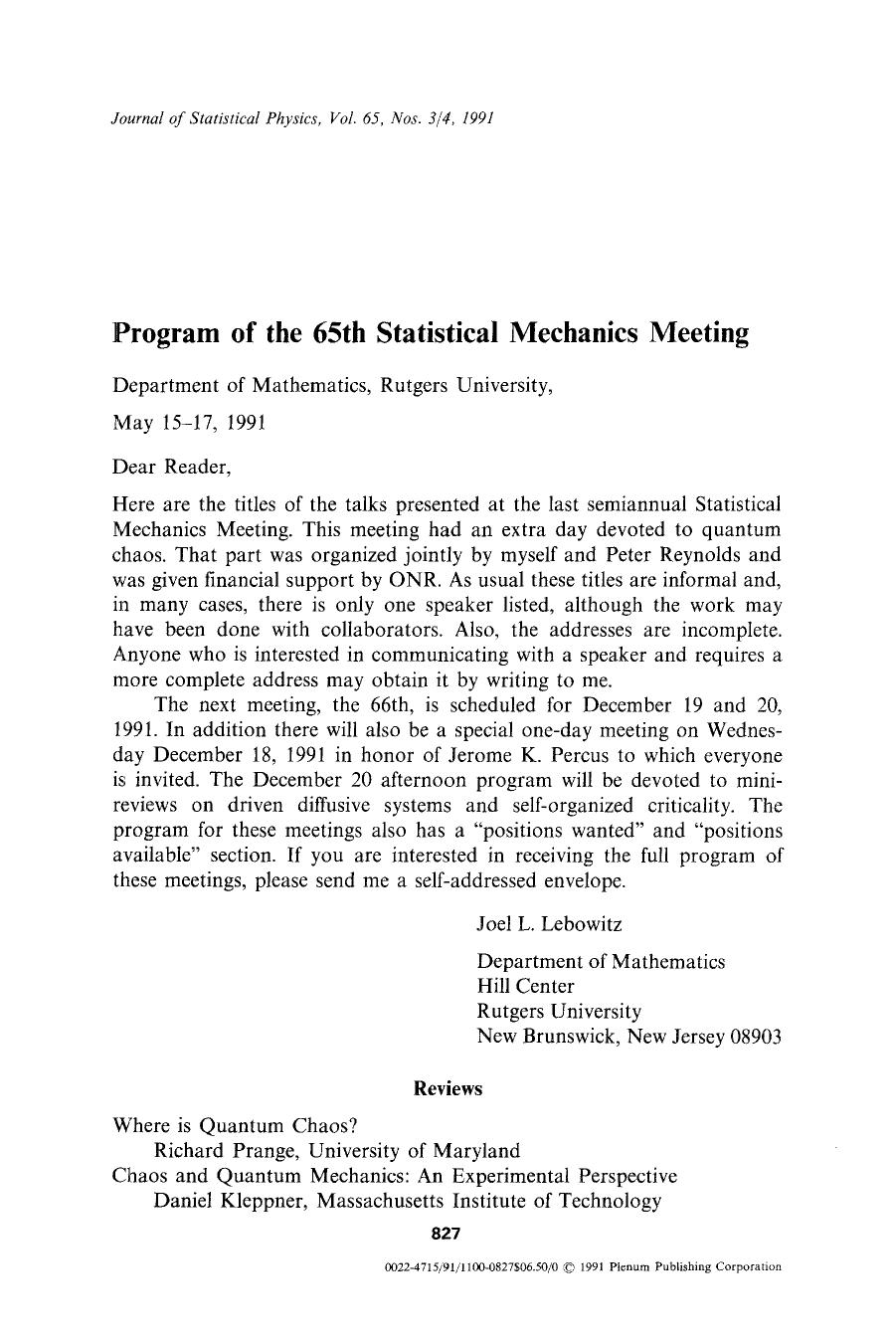 Program of the 65th Statistical Mechanics Meeting by Unknown