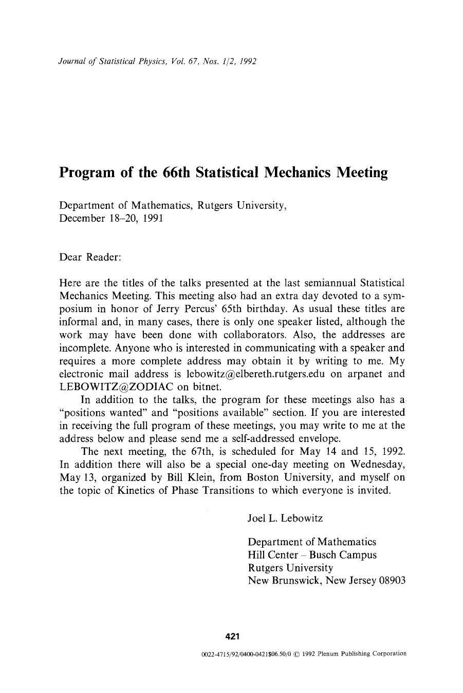 Program of the 66th Statistical Mechanics Meeting by Unknown